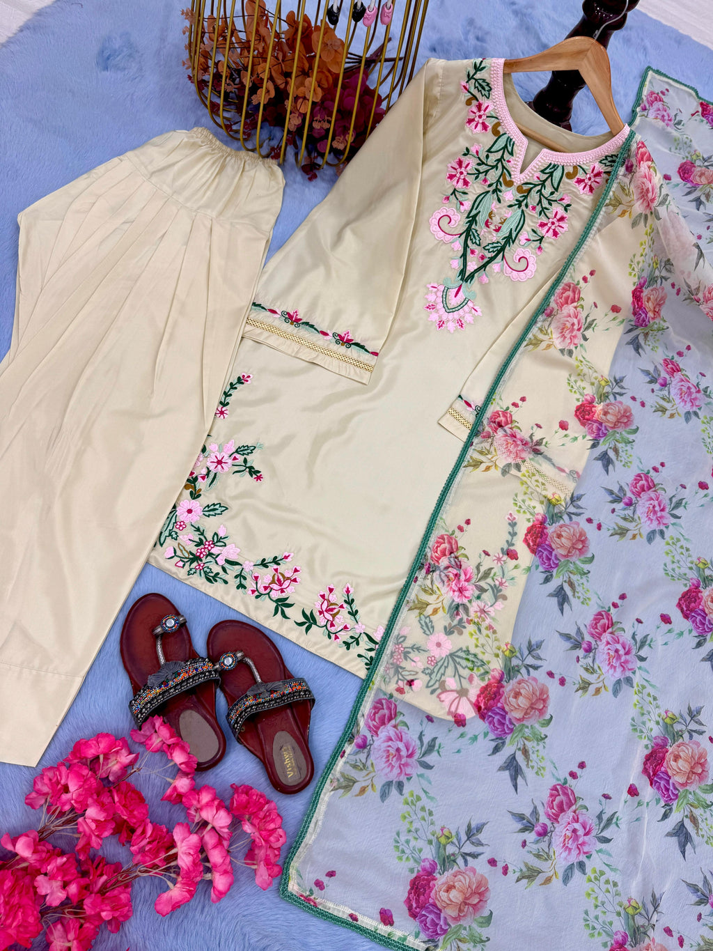 Party Wear Crepe Top & Farshi Palazzo With Printed Dupatta