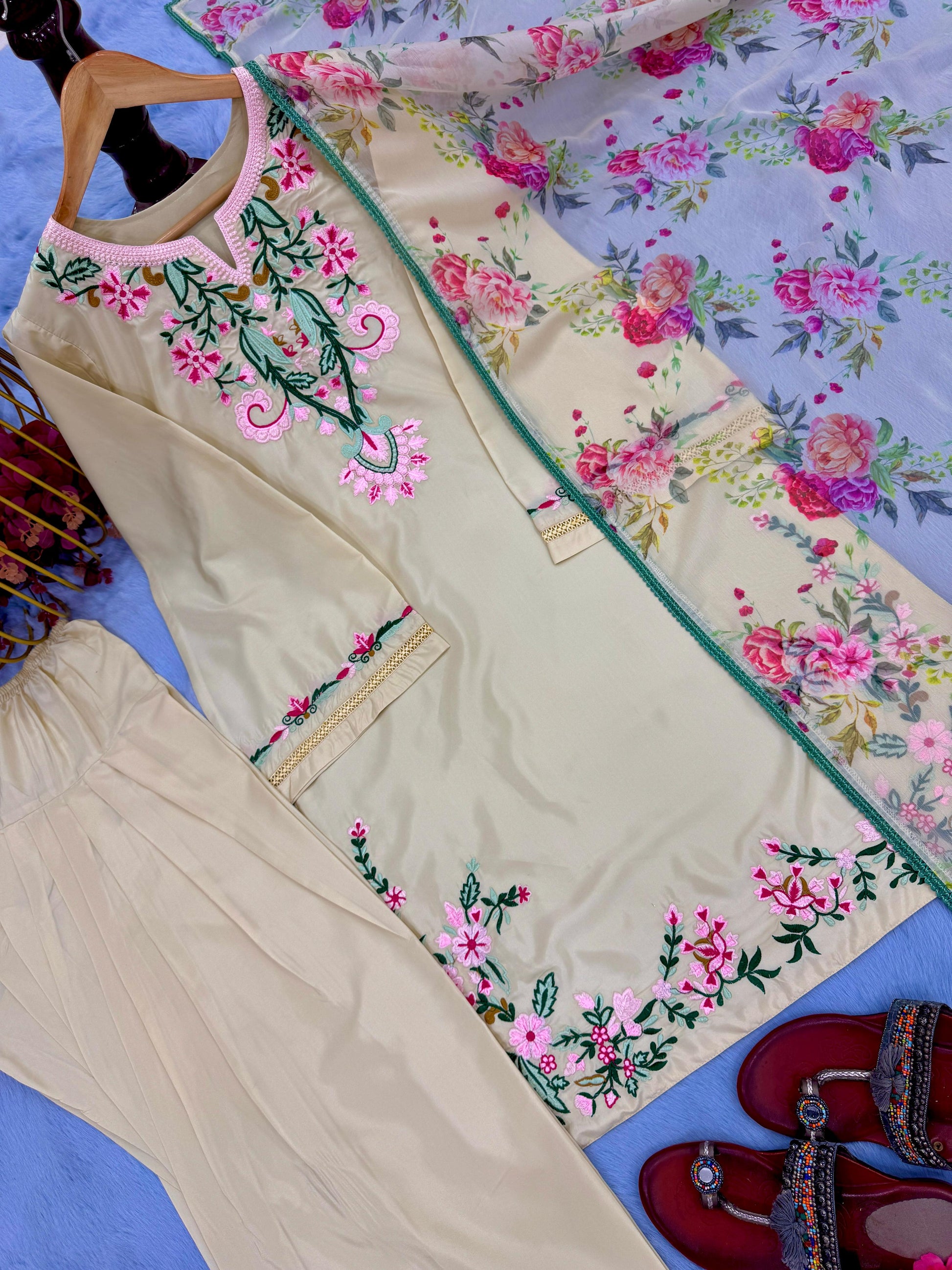 Party Wear Crepe Top & Farshi Palazzo With Printed Dupatta