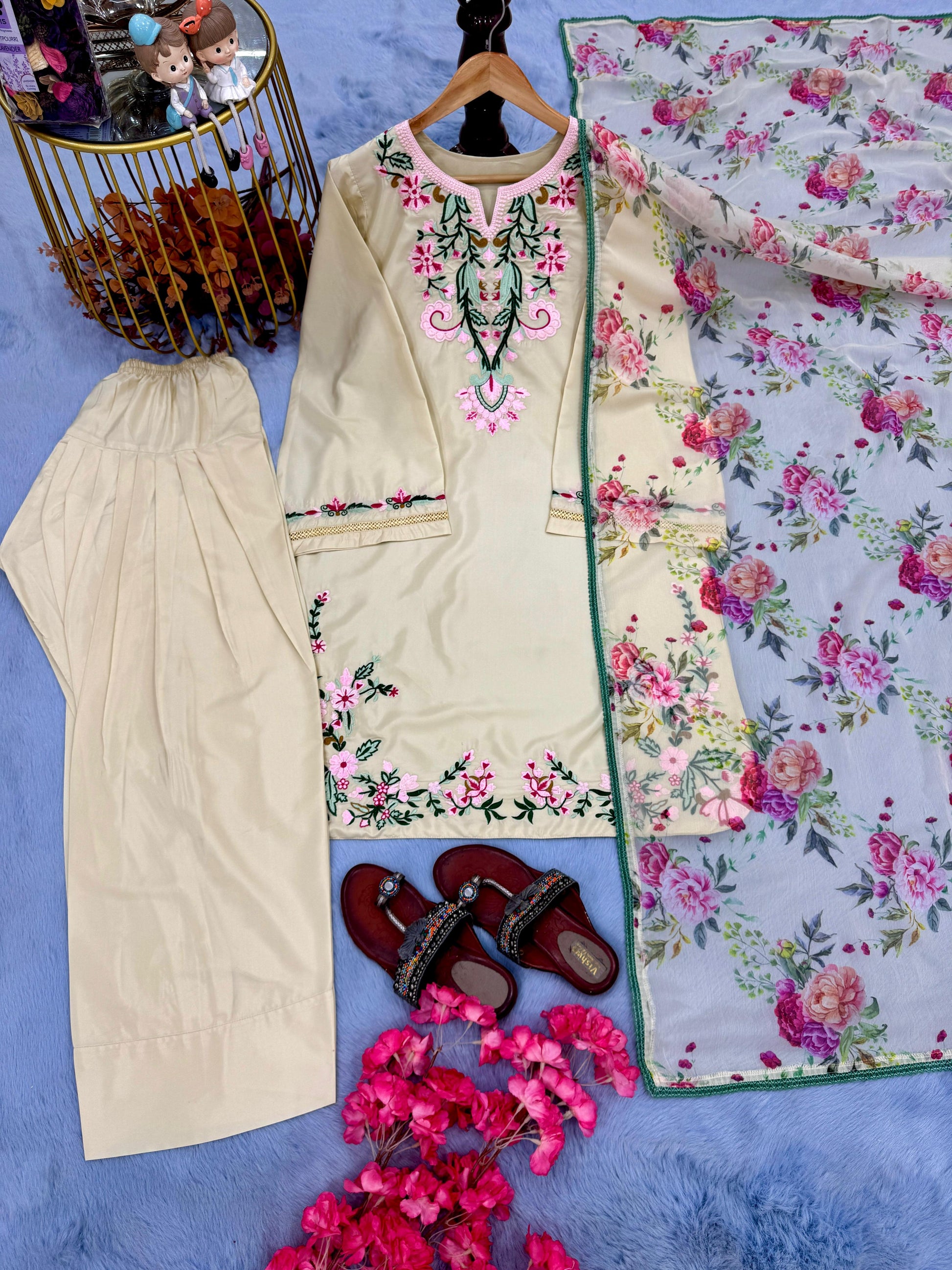 Party Wear Crepe Top & Farshi Palazzo With Printed Dupatta