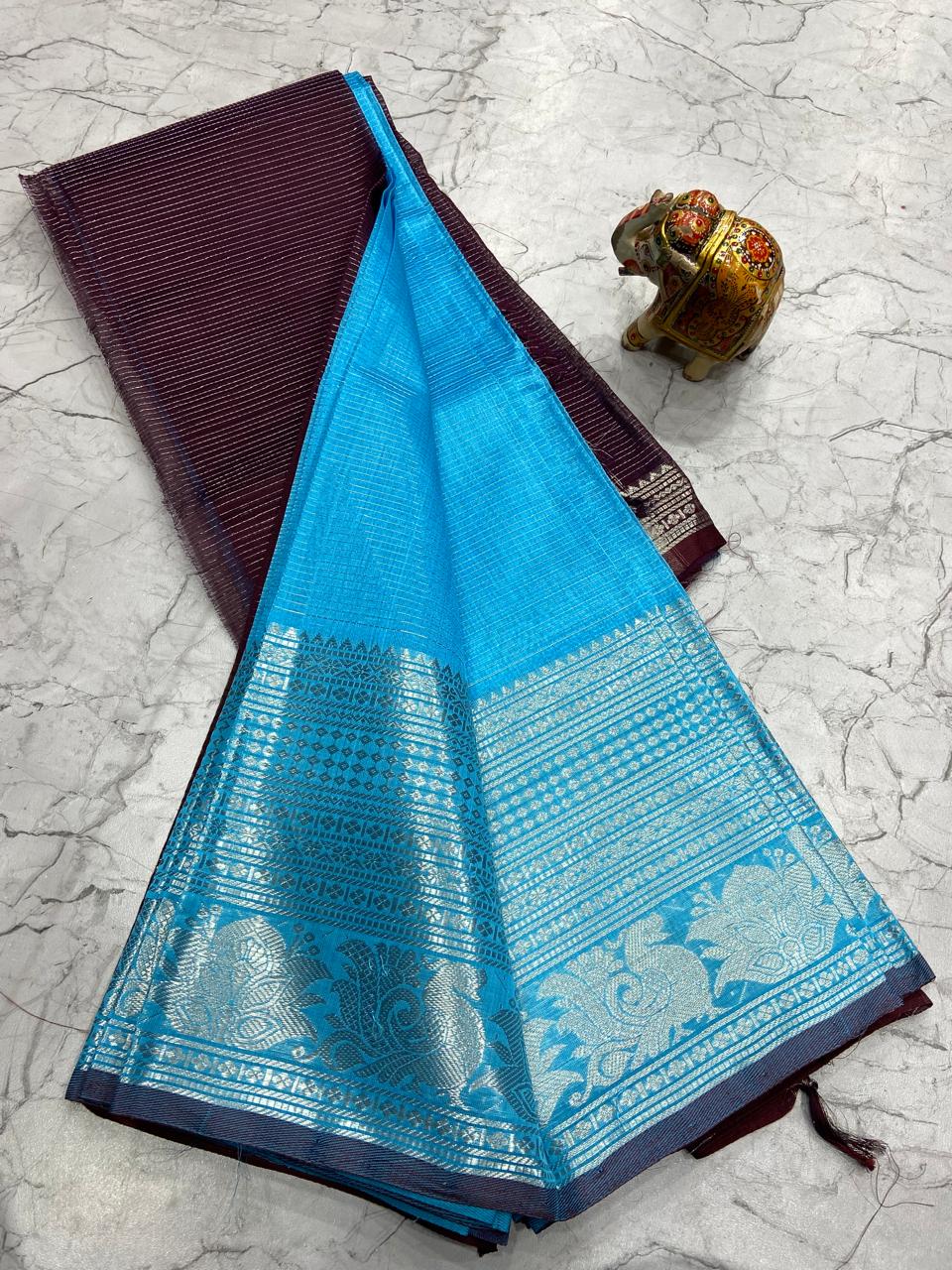 Mangalagiri Tissue Silk Lines Design Saree With Contrast Blouse
