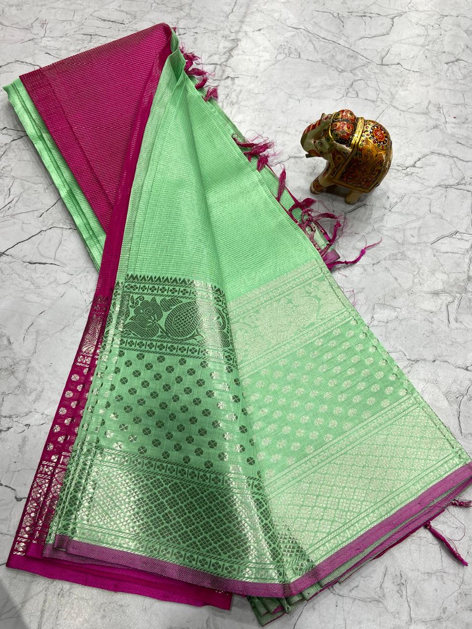 Mangalagiri Tissue Silk Lines Design Saree With Contrast Blouse