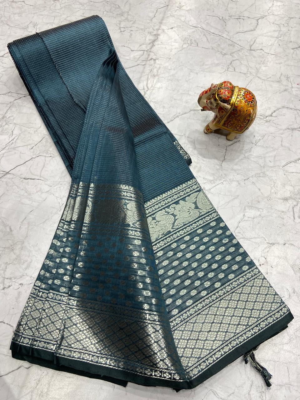 Mangalagiri Tissue Silk Lines Design Saree With Contrast Blouse