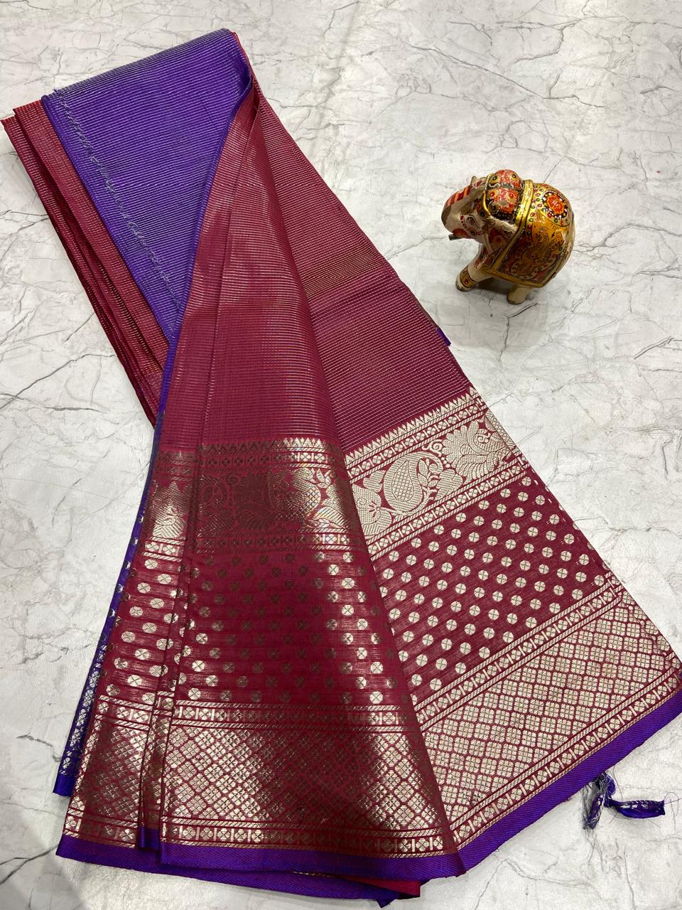 Mangalagiri Tissue Silk Lines Design Saree With Contrast Blouse