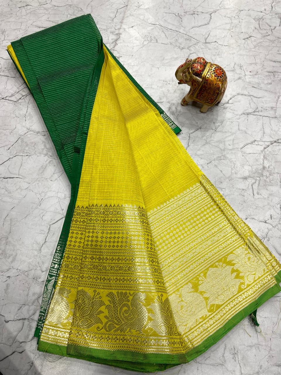 Mangalagiri Tissue Silk Lines Design Saree With Contrast Blouse