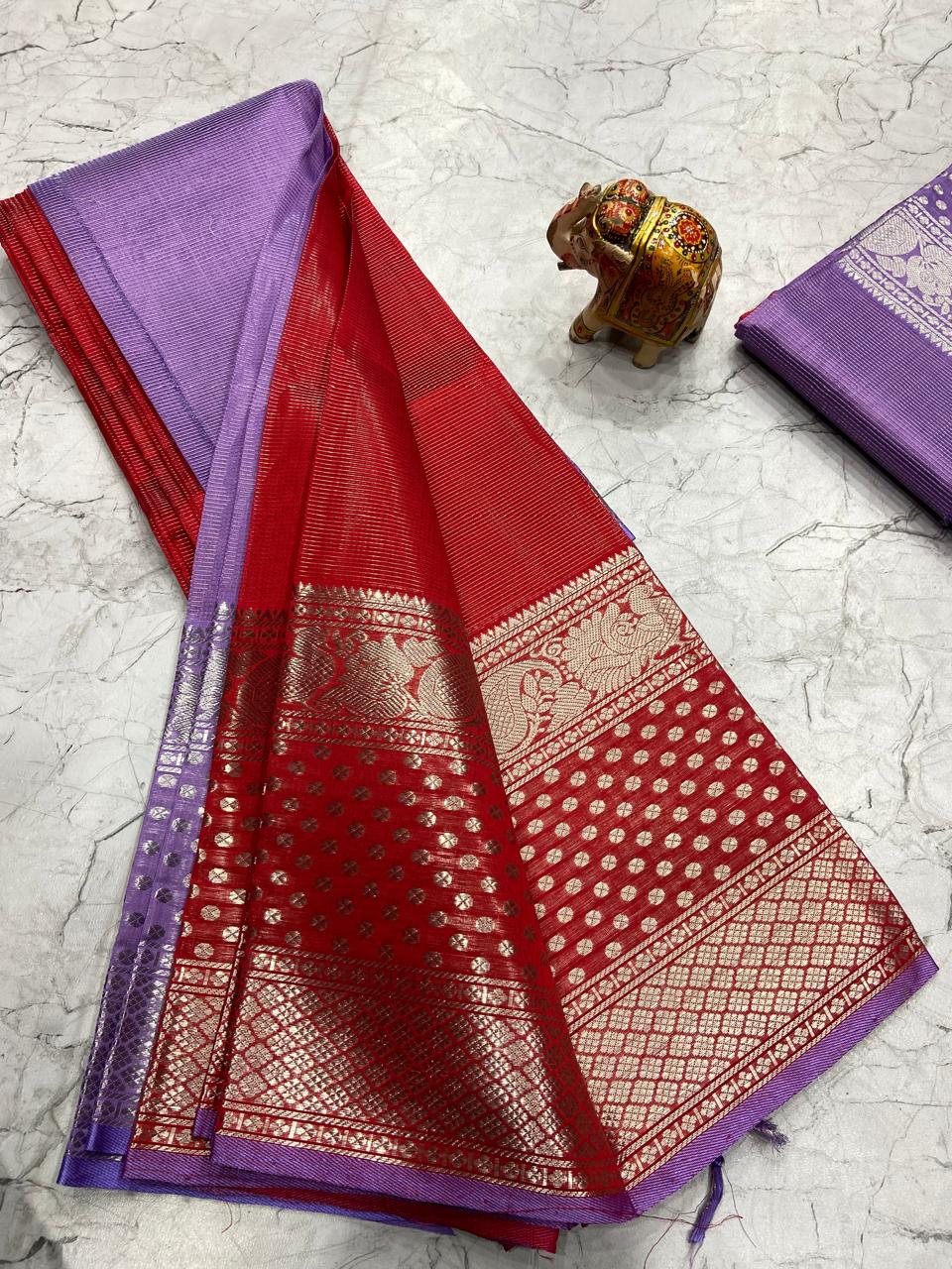 Mangalagiri Tissue Silk Lines Design Saree With Contrast Blouse