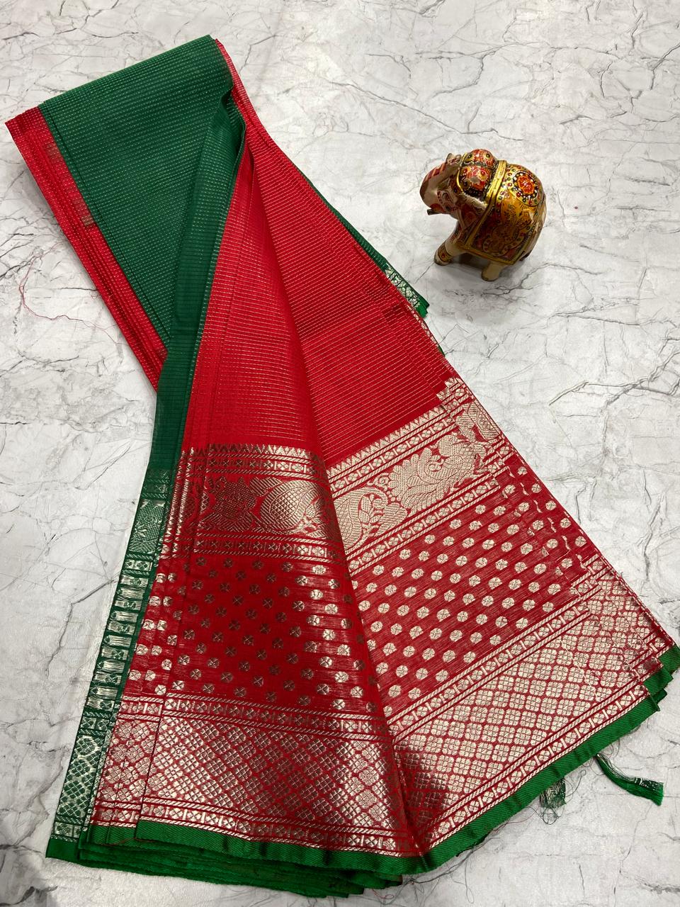 Mangalagiri Tissue Silk Lines Design Saree With Contrast Blouse