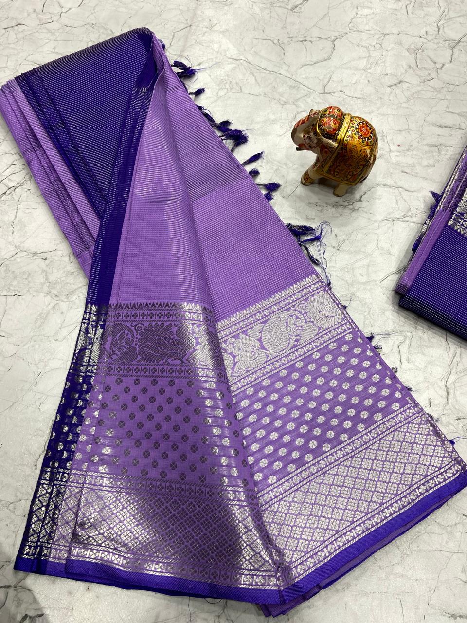 Mangalagiri Tissue Silk Lines Design Saree With Contrast Blouse