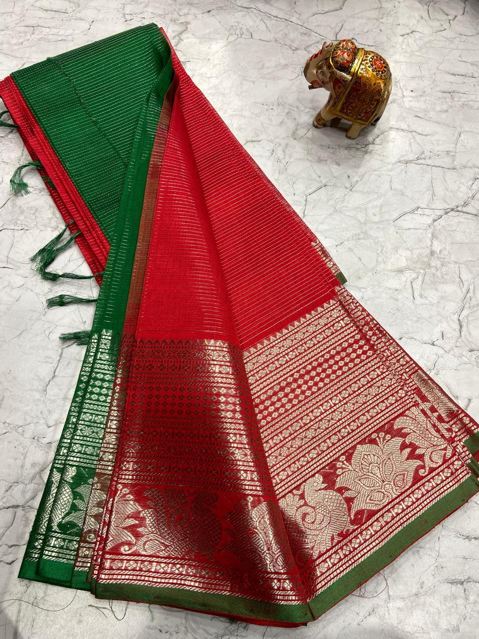 Mangalagiri Tissue Silk Lines Design Saree With Contrast Blouse