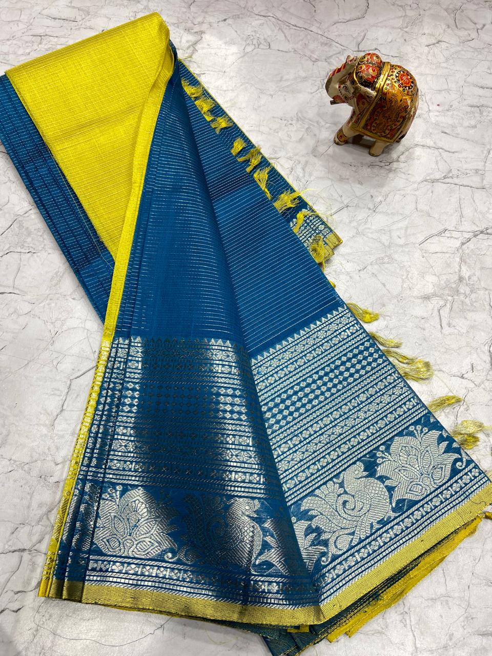 Mangalagiri Tissue Silk Lines Design Saree With Contrast Blouse