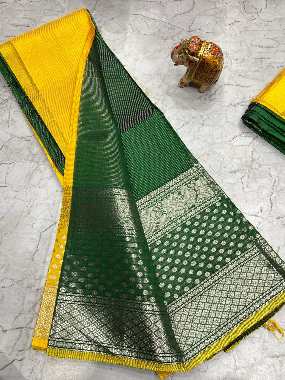 Mangalagiri Tissue Silk Lines Design Saree With Contrast Blouse