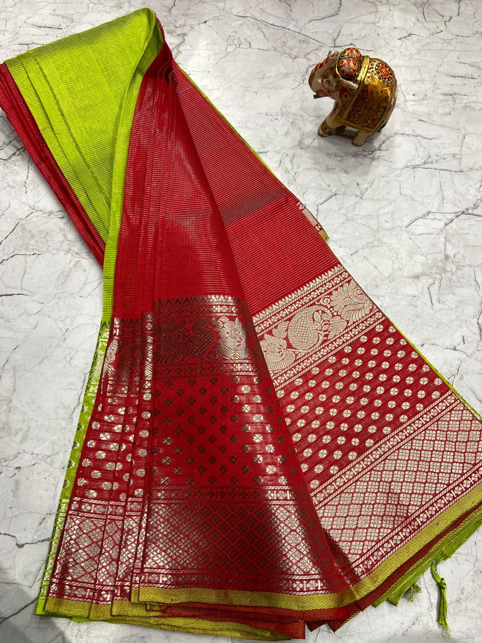Mangalagiri Tissue Silk Lines Design Saree With Contrast Blouse