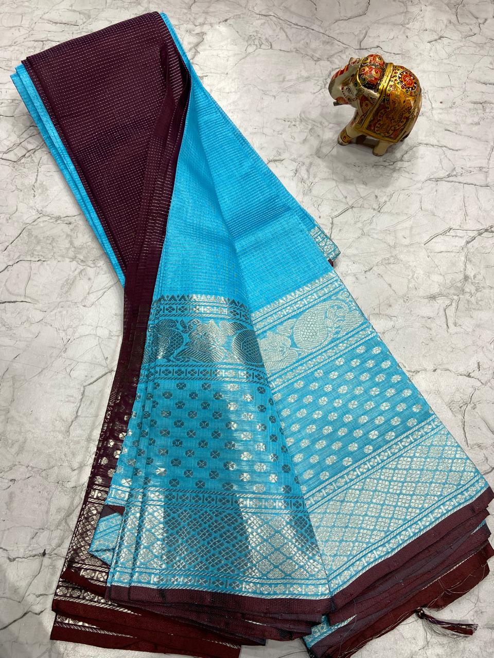 Mangalagiri Tissue Silk Lines Design Saree With Contrast Blouse