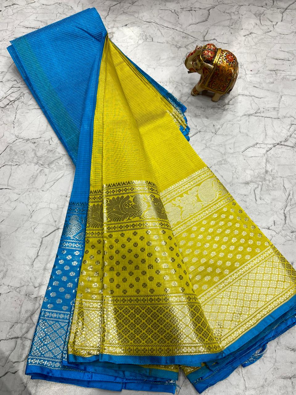 Mangalagiri Tissue Silk Lines Design Saree With Contrast Blouse