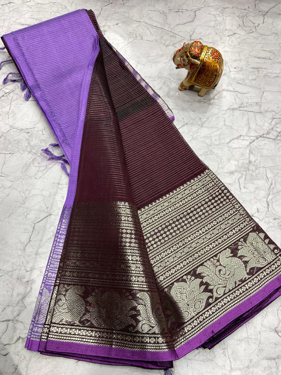 Mangalagiri Tissue Silk Lines Design Saree With Contrast Blouse