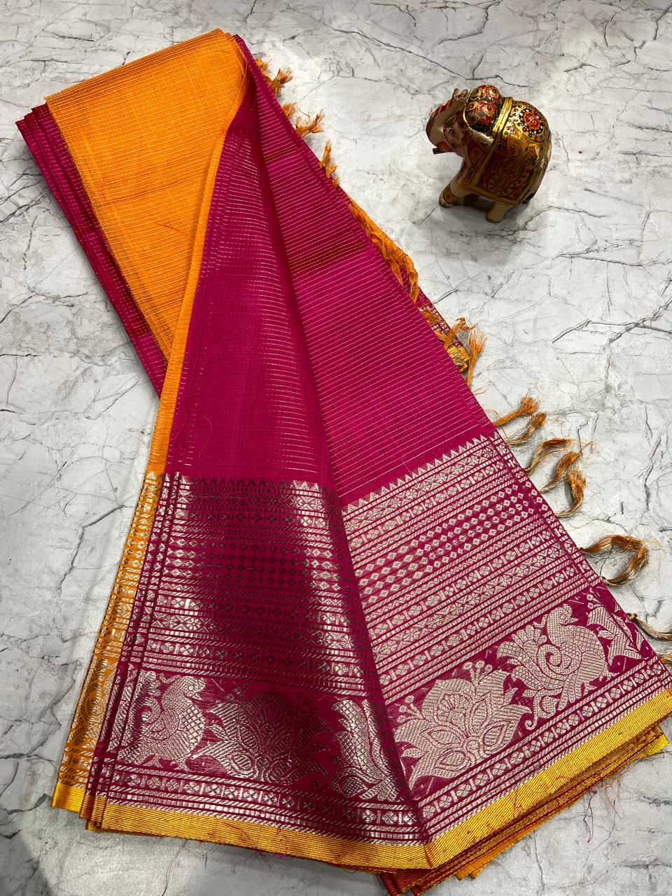 Mangalagiri Tissue Silk Lines Design Saree With Contrast Blouse