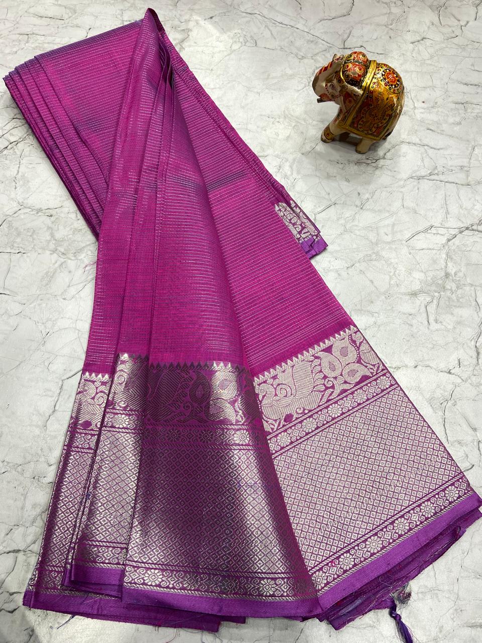 Mangalagiri Tissue Silk Lines Design Saree With Contrast Blouse