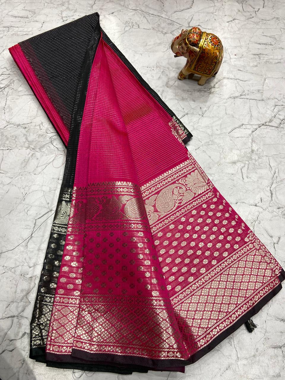 Mangalagiri Tissue Silk Lines Design Saree With Contrast Blouse