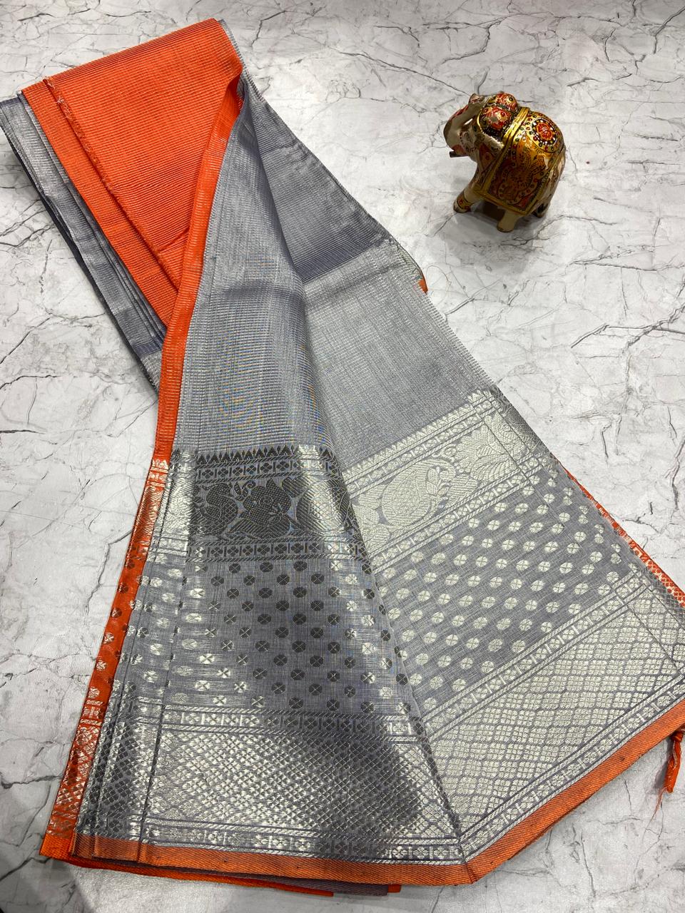 Mangalagiri Tissue Silk Lines Design Saree With Contrast Blouse