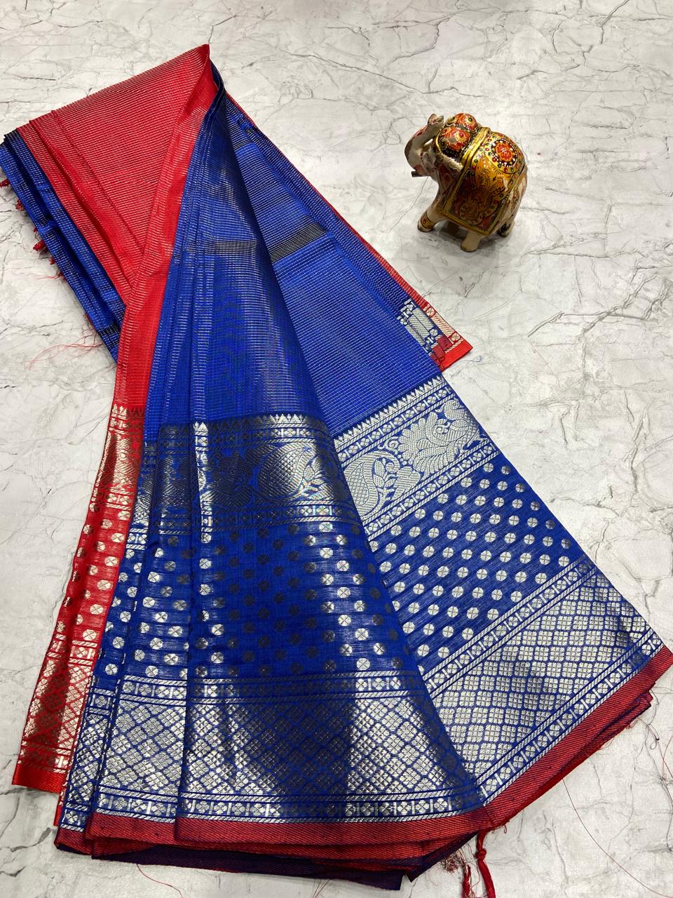 Mangalagiri Tissue Silk Lines Design Saree With Contrast Blouse