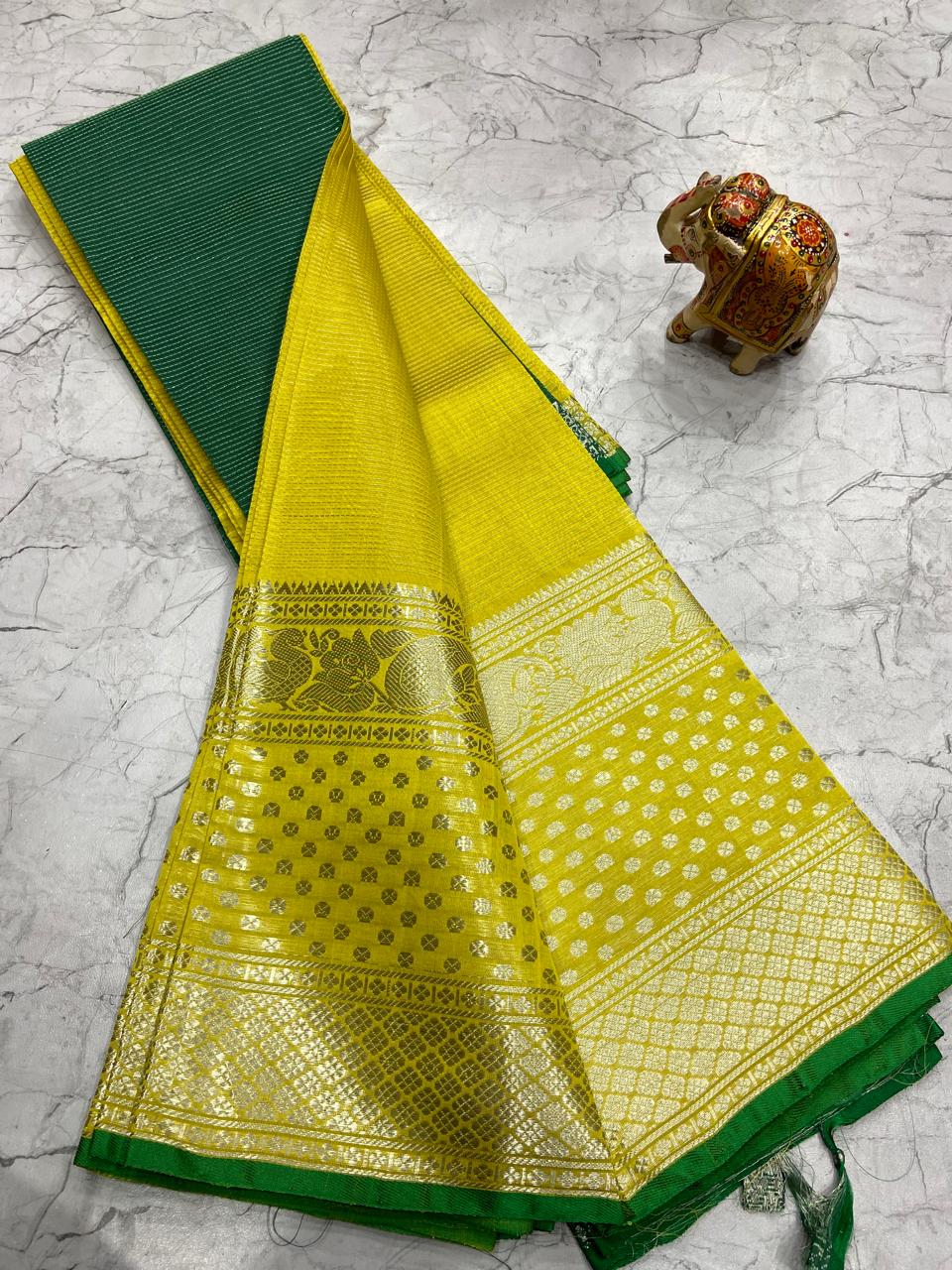 Mangalagiri Tissue Silk Lines Design Saree With Contrast Blouse