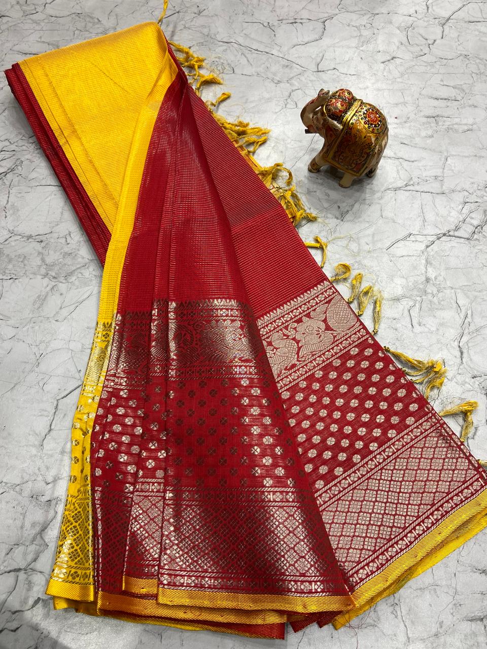 Mangalagiri Tissue Silk Lines Design Saree With Contrast Blouse
