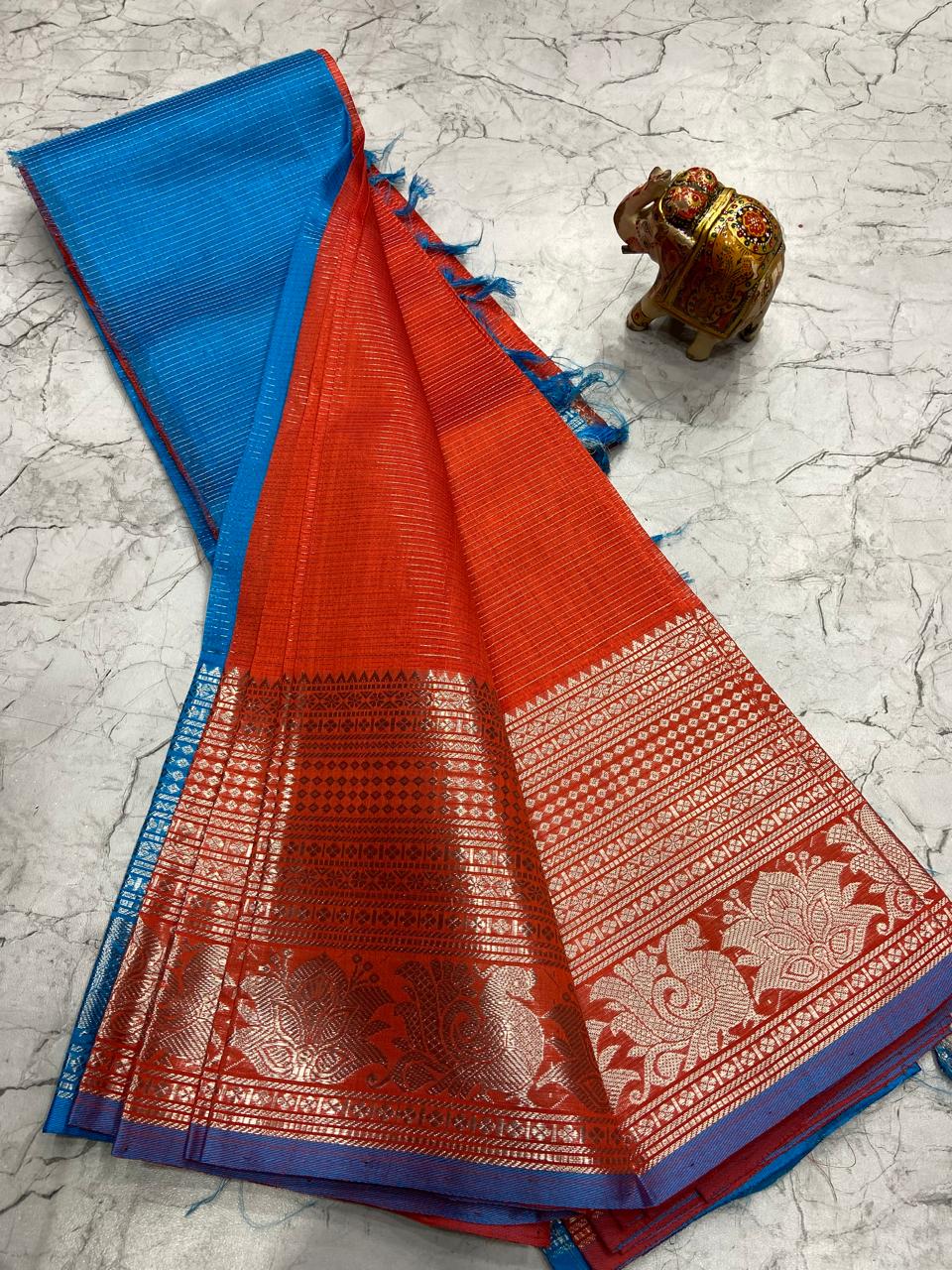Mangalagiri Tissue Silk Lines Design Saree With Contrast Blouse