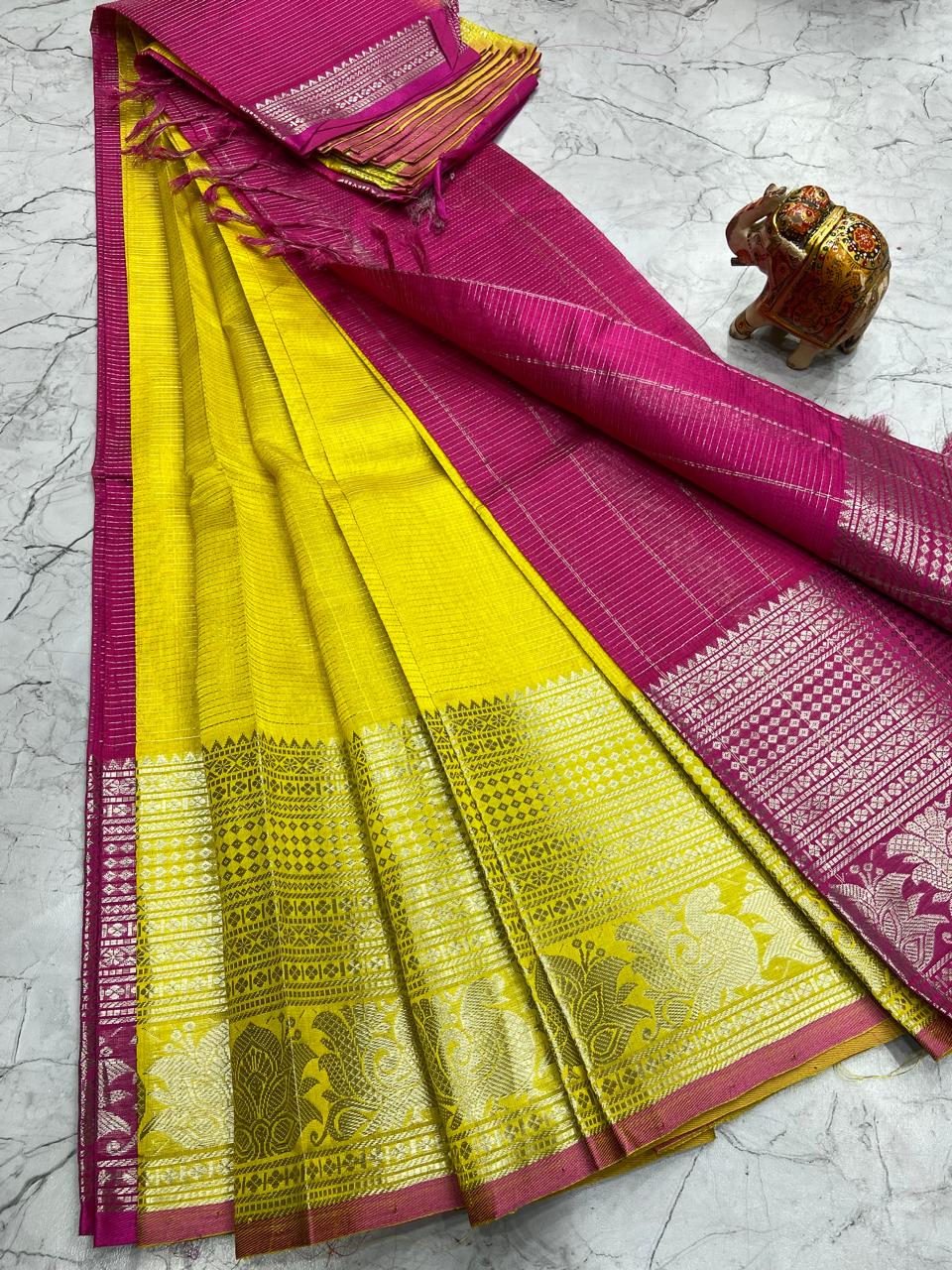 Mangalagiri Tissue Silk Lines Design Saree With Contrast Blouse