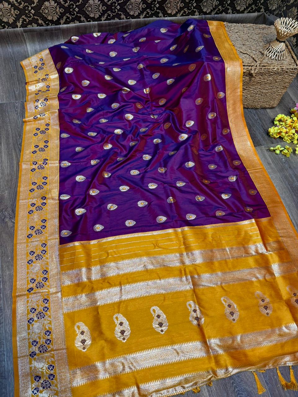 Soft Silk All Over Buttas Design Saree With Contrast Blouse