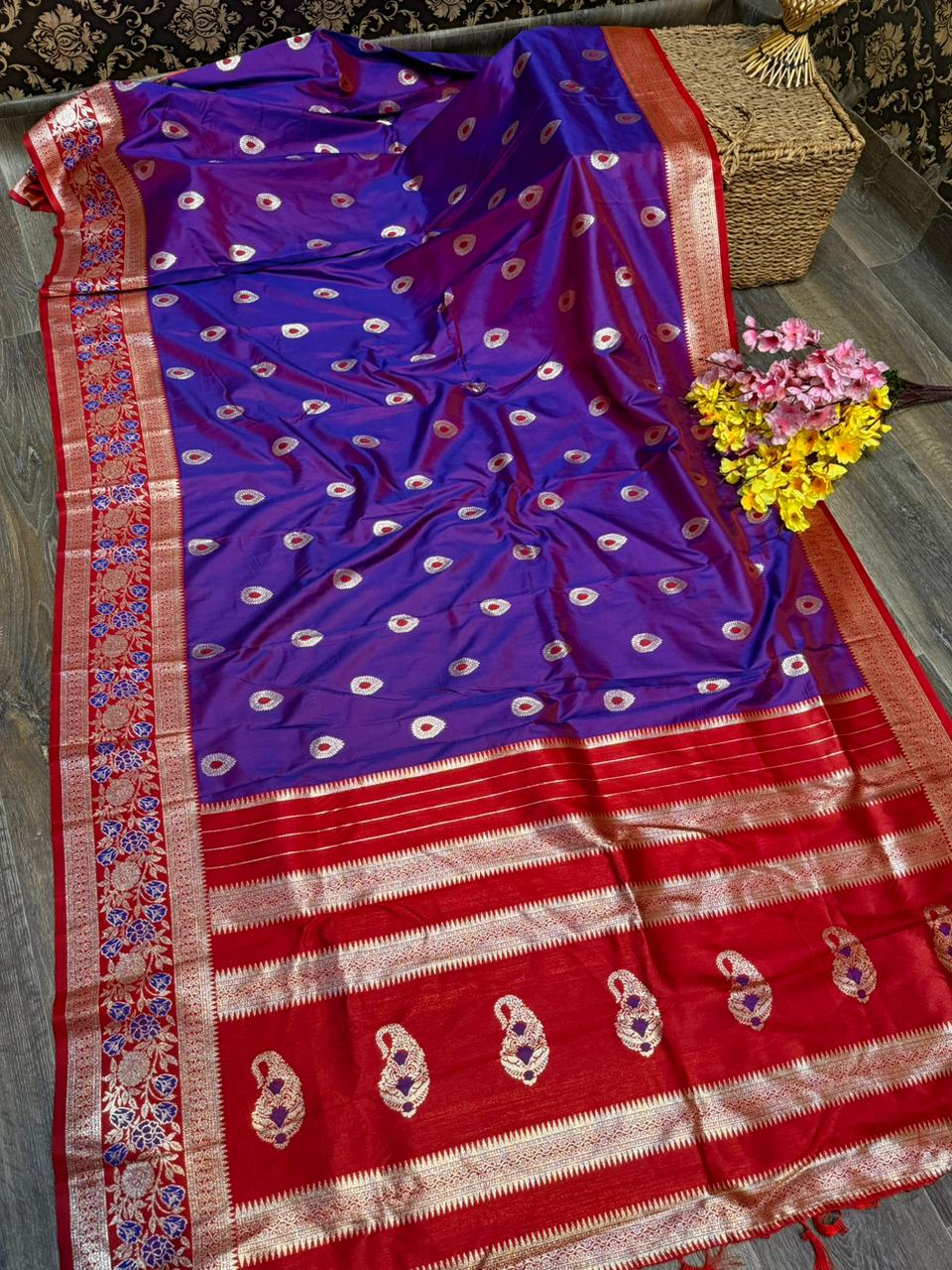 Soft Silk All Over Buttas Design Saree With Contrast Blouse
