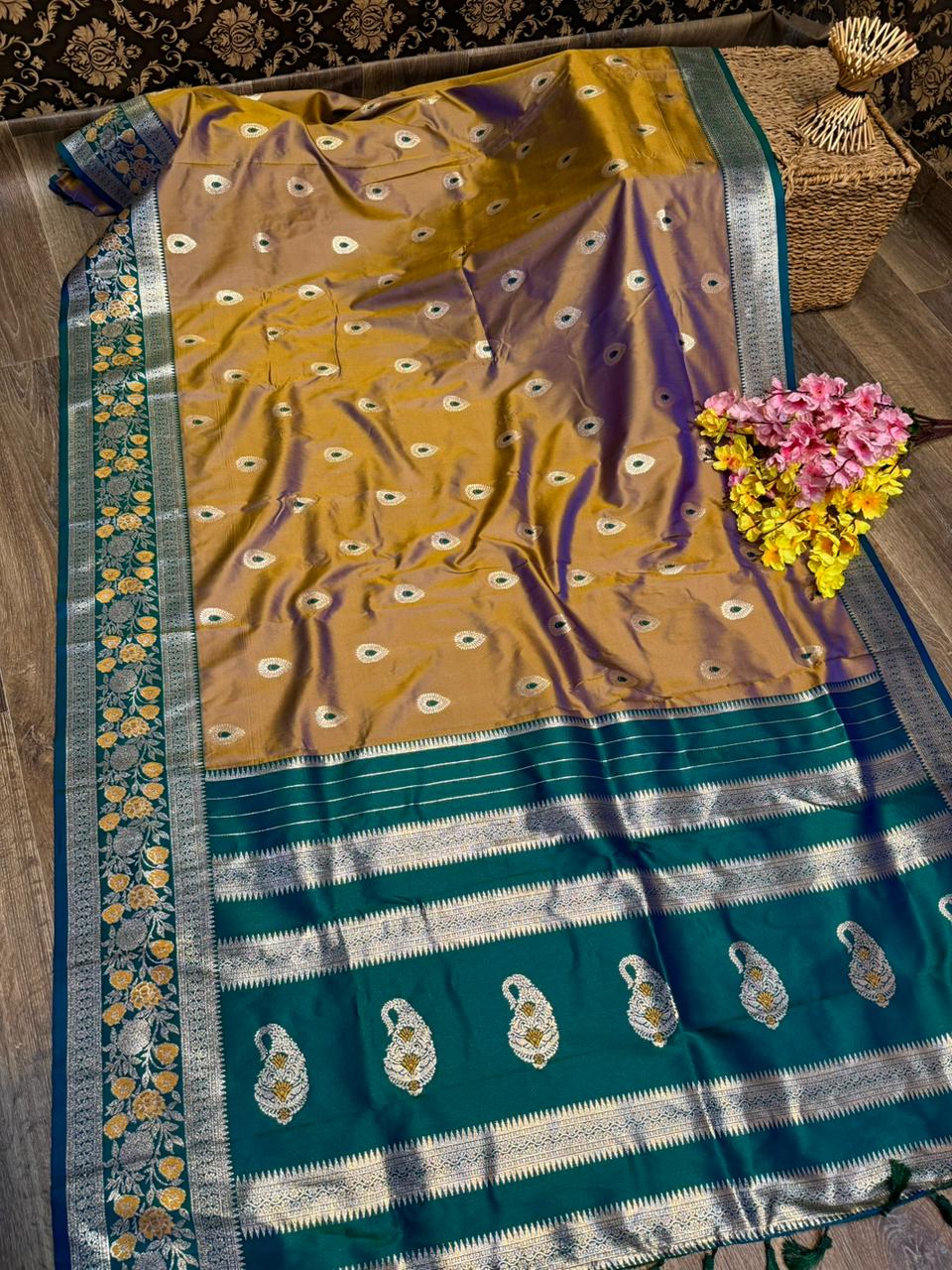 Soft Silk All Over Buttas Design Saree With Contrast Blouse