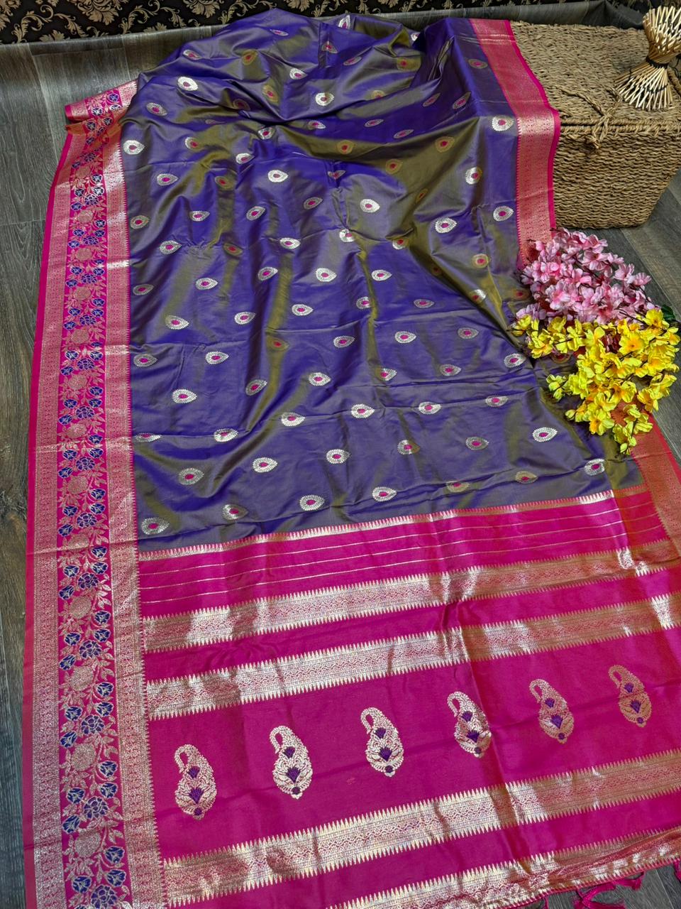 Soft Silk All Over Buttas Design Saree With Contrast Blouse