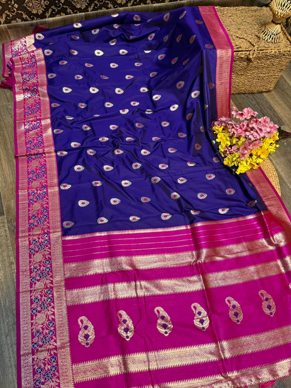 Soft Silk All Over Buttas Design Saree With Contrast Blouse