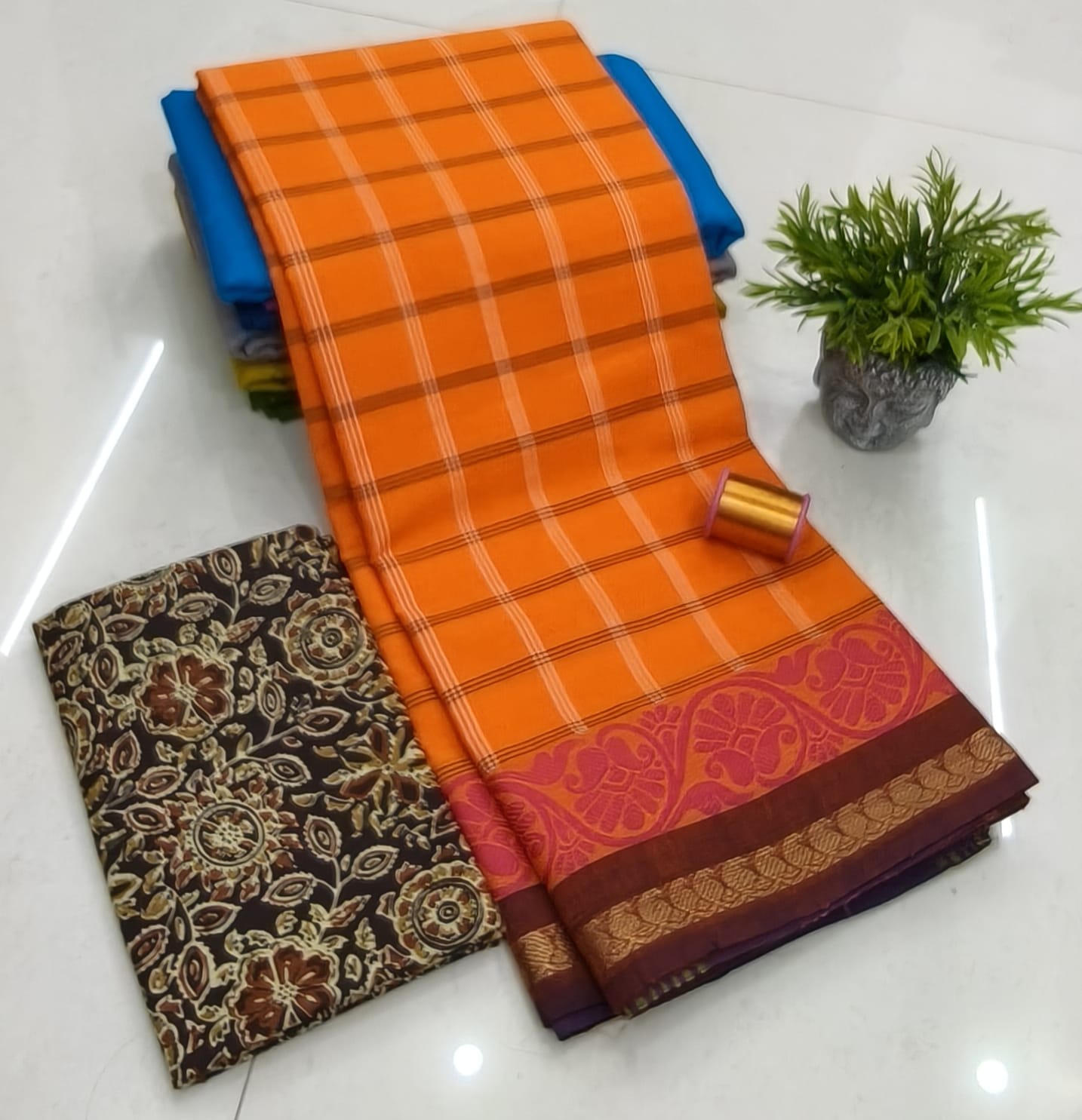 Chettinadu Fancy Cotton Saree Without Running Blouse