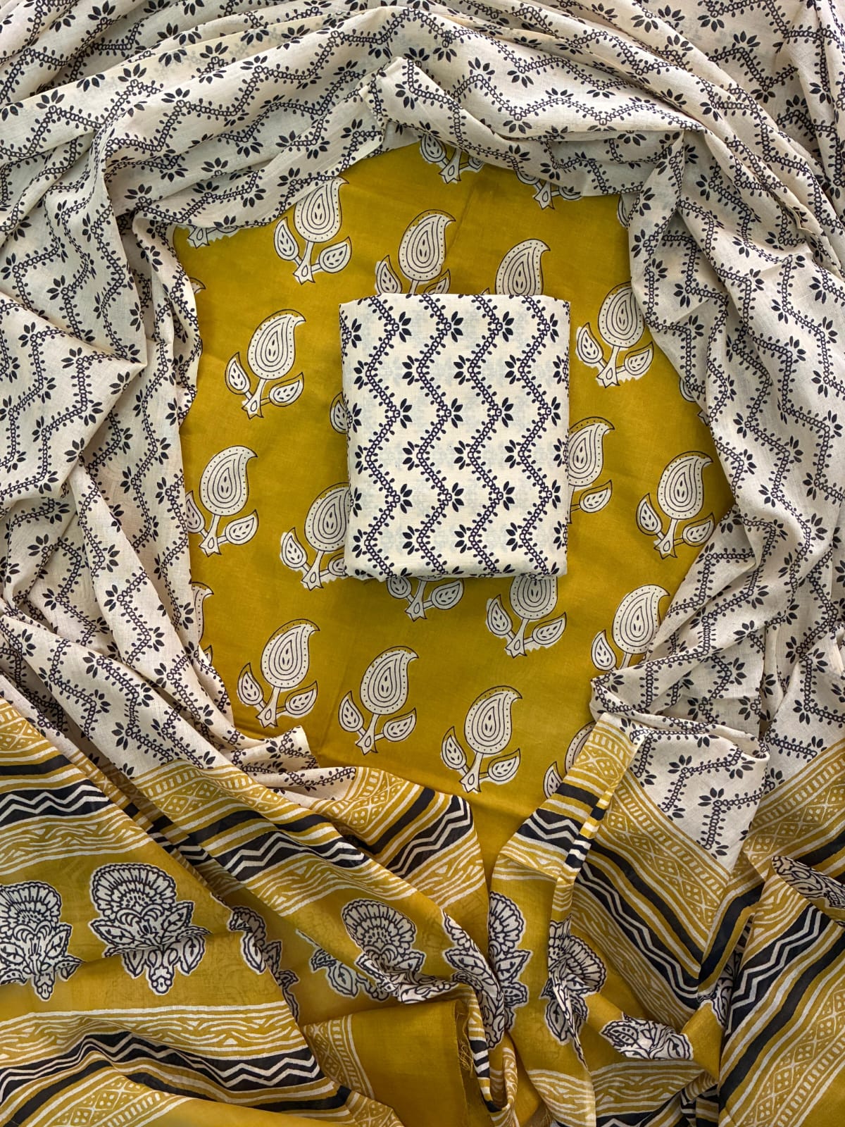 Printed Cotton Dress Material With Mulmul Cotton Dupatta-3pcs set