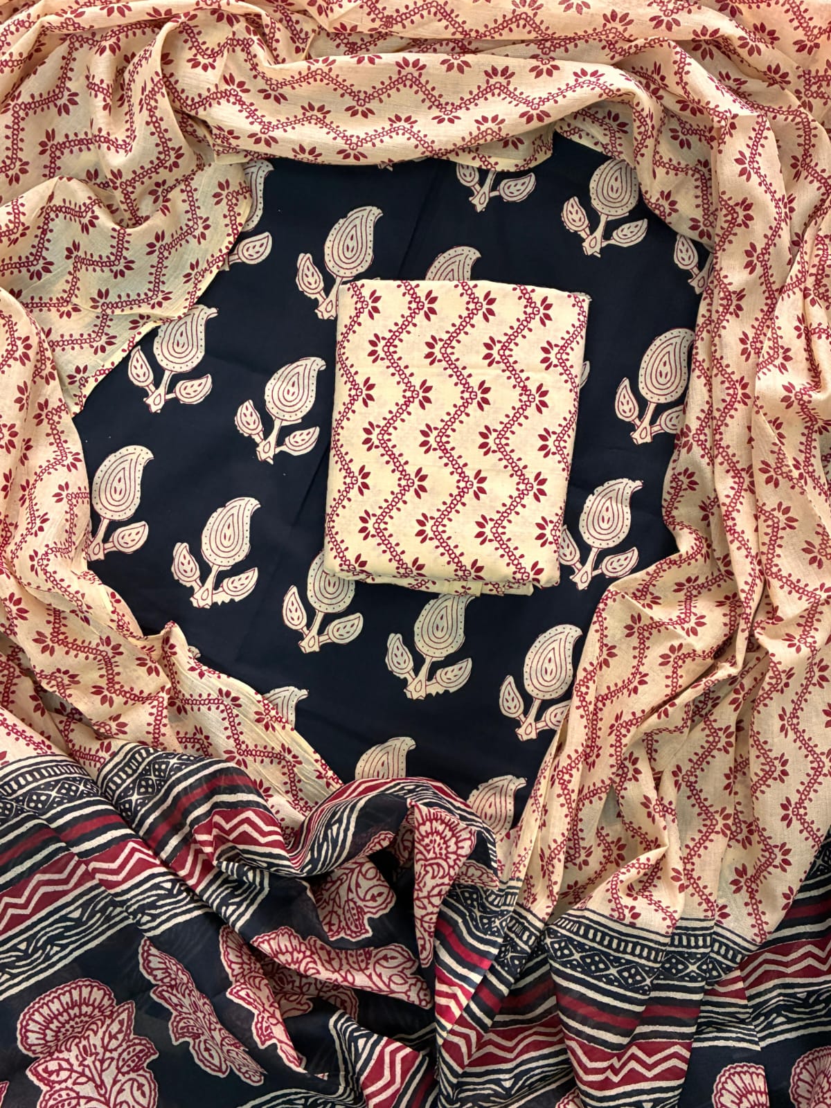 Printed Cotton Dress Material With Mulmul Cotton Dupatta-3pcs set