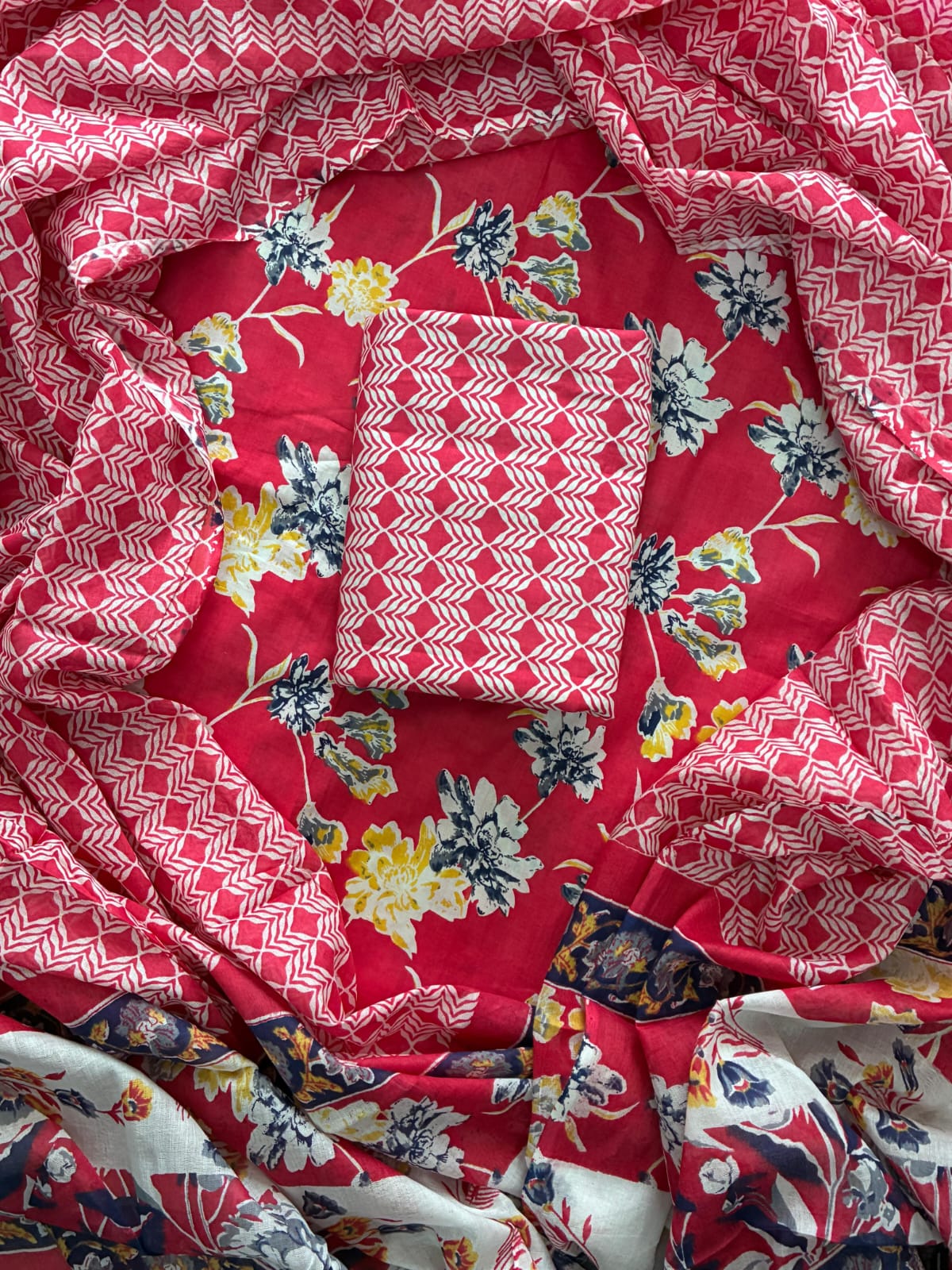 Printed Cotton Dress Material With Mulmul Cotton Dupatta-3pcs set