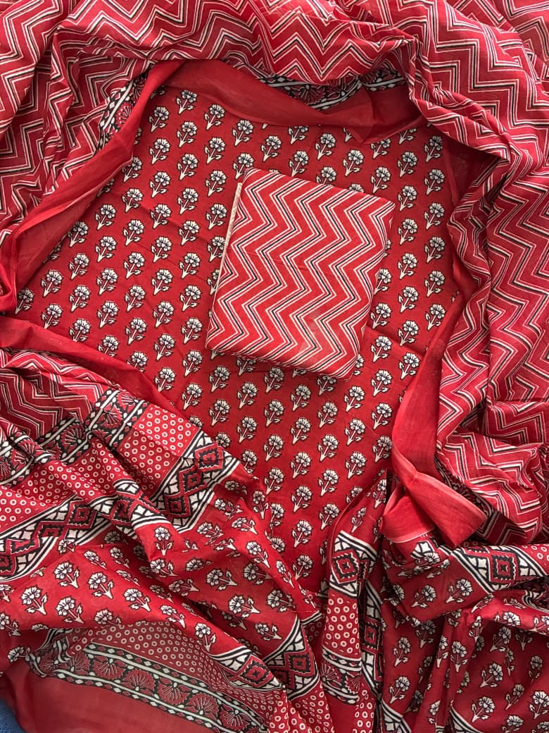 Printed Cotton Dress Material With Mulmul Cotton Dupatta-3pcs set