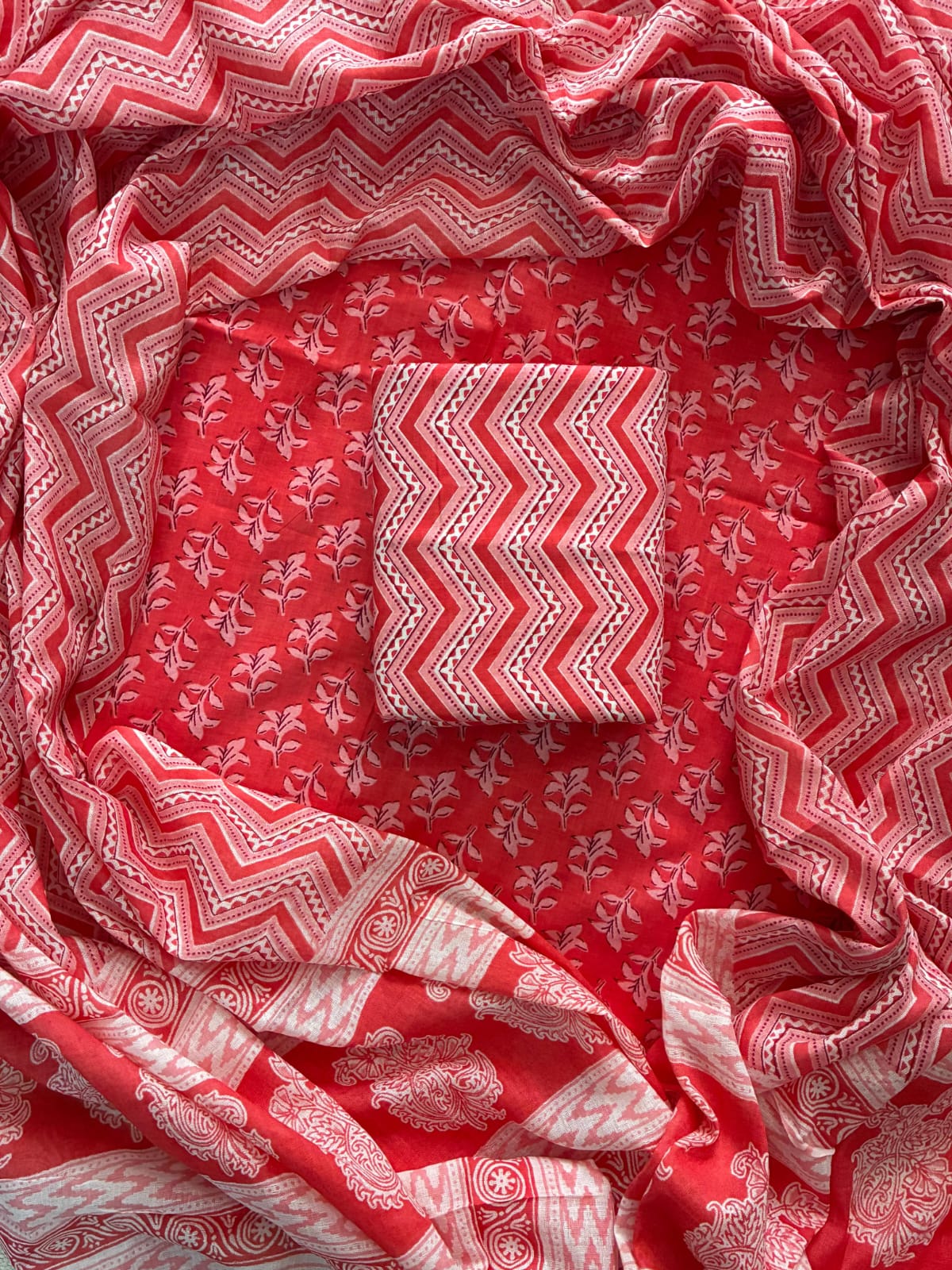 Printed Cotton Dress Material With Mulmul Cotton Dupatta-3pcs set