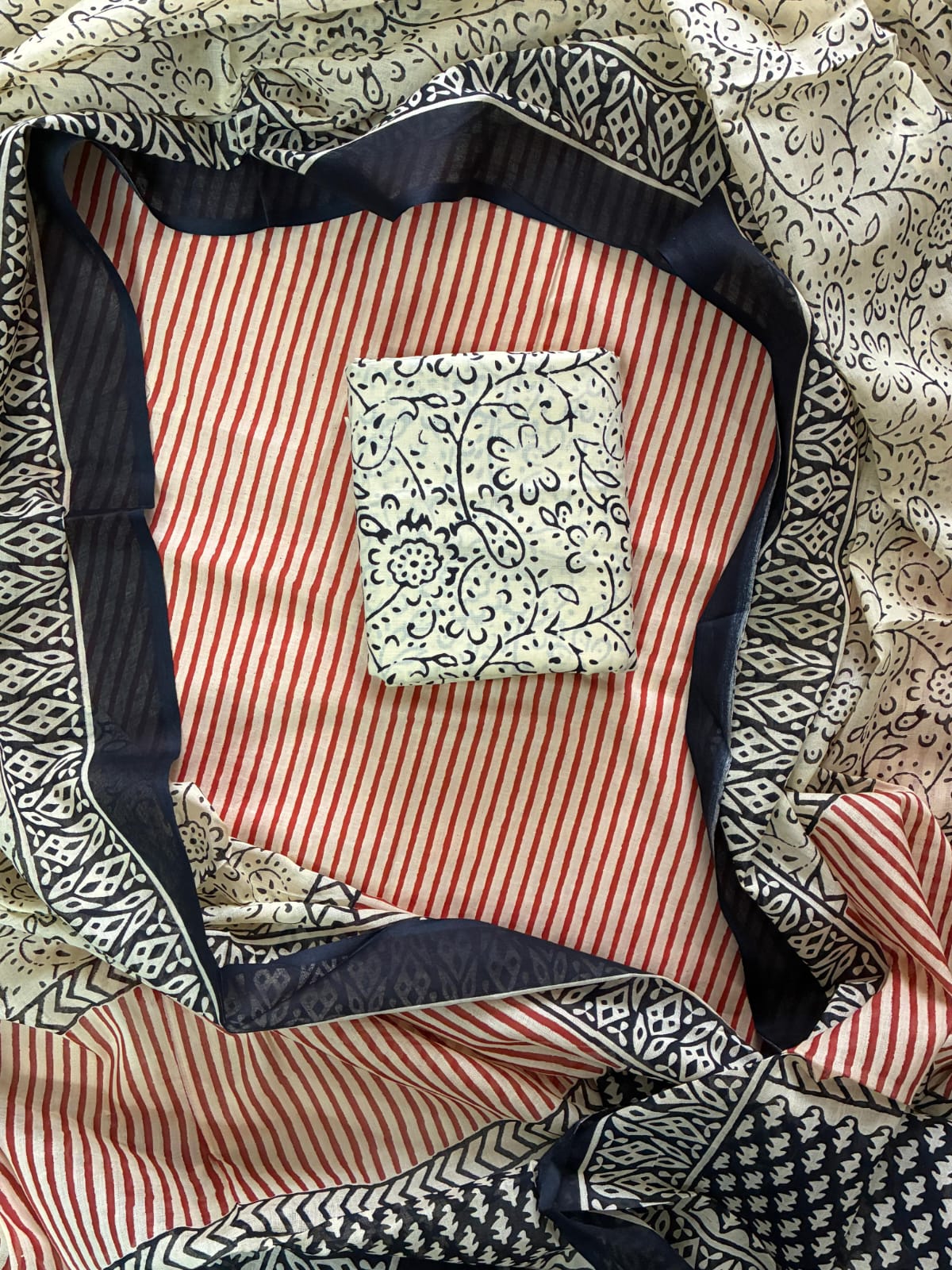 Printed Cotton Dress Material With Mulmul Cotton Dupatta-3pcs set