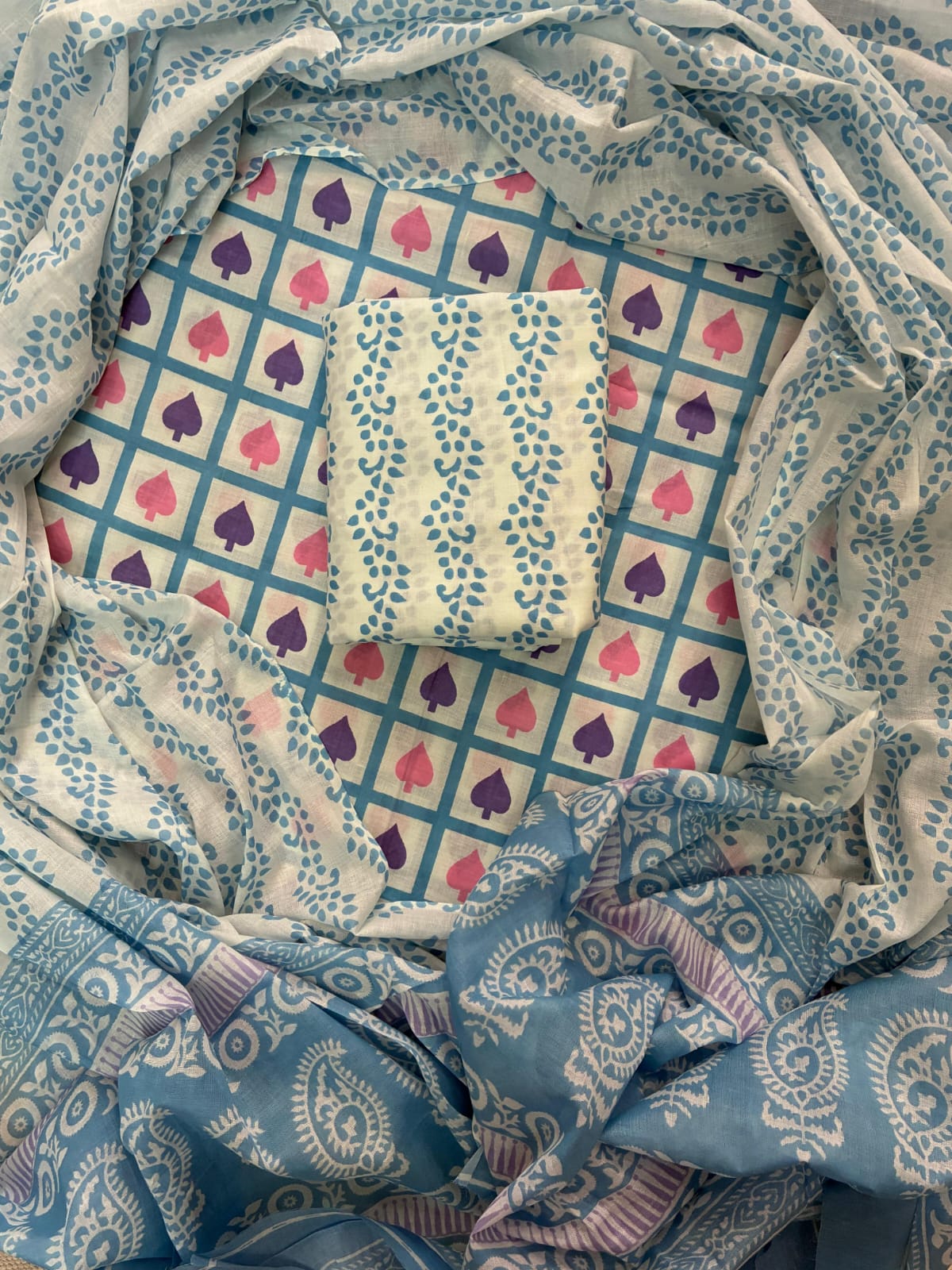 Printed Cotton Dress Material With Mulmul Cotton Dupatta-3pcs set