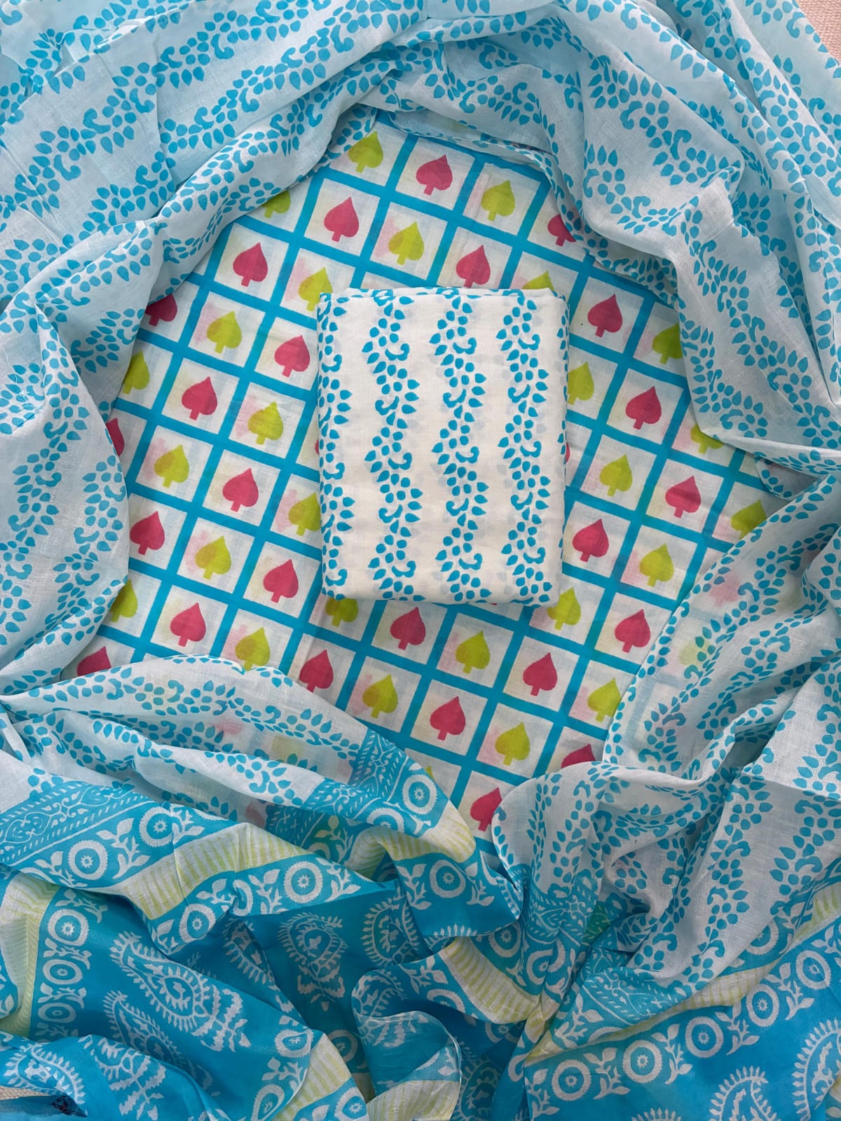 Printed Cotton Dress Material With Mulmul Cotton Dupatta-3pcs set