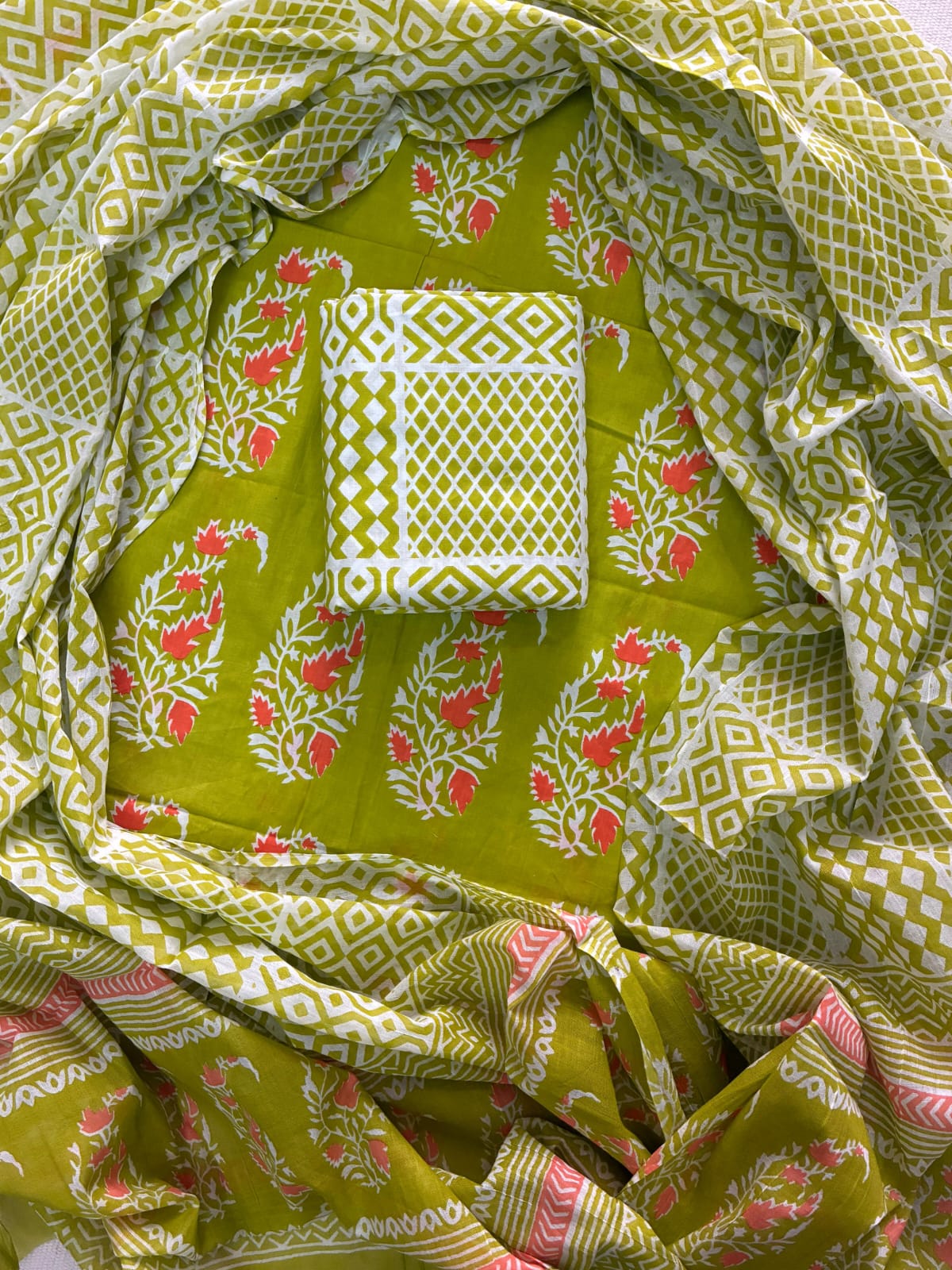 Printed Cotton Dress Material With Mulmul Cotton Dupatta-3pcs set