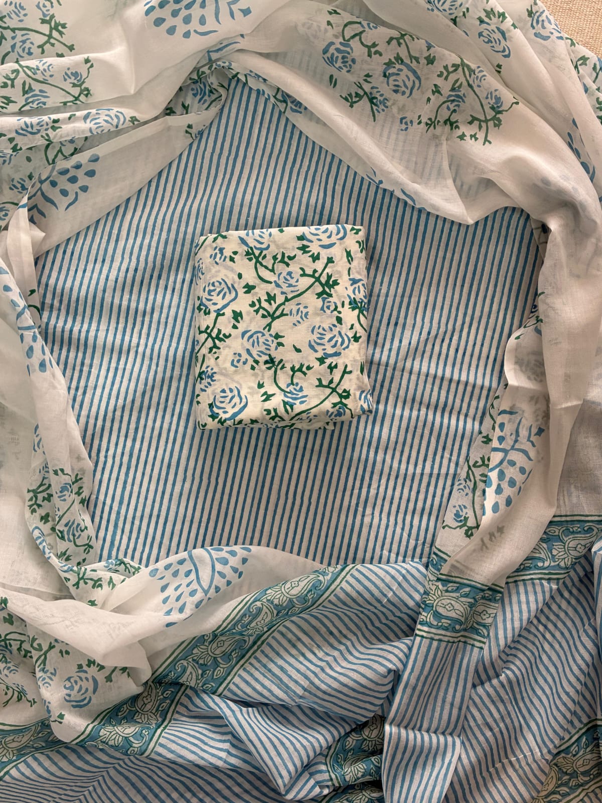 Printed Cotton Dress Material With Mulmul Cotton Dupatta-3pcs set