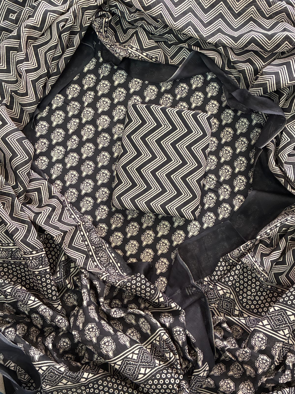 Printed Cotton Dress Material With Mulmul Cotton Dupatta-3pcs set