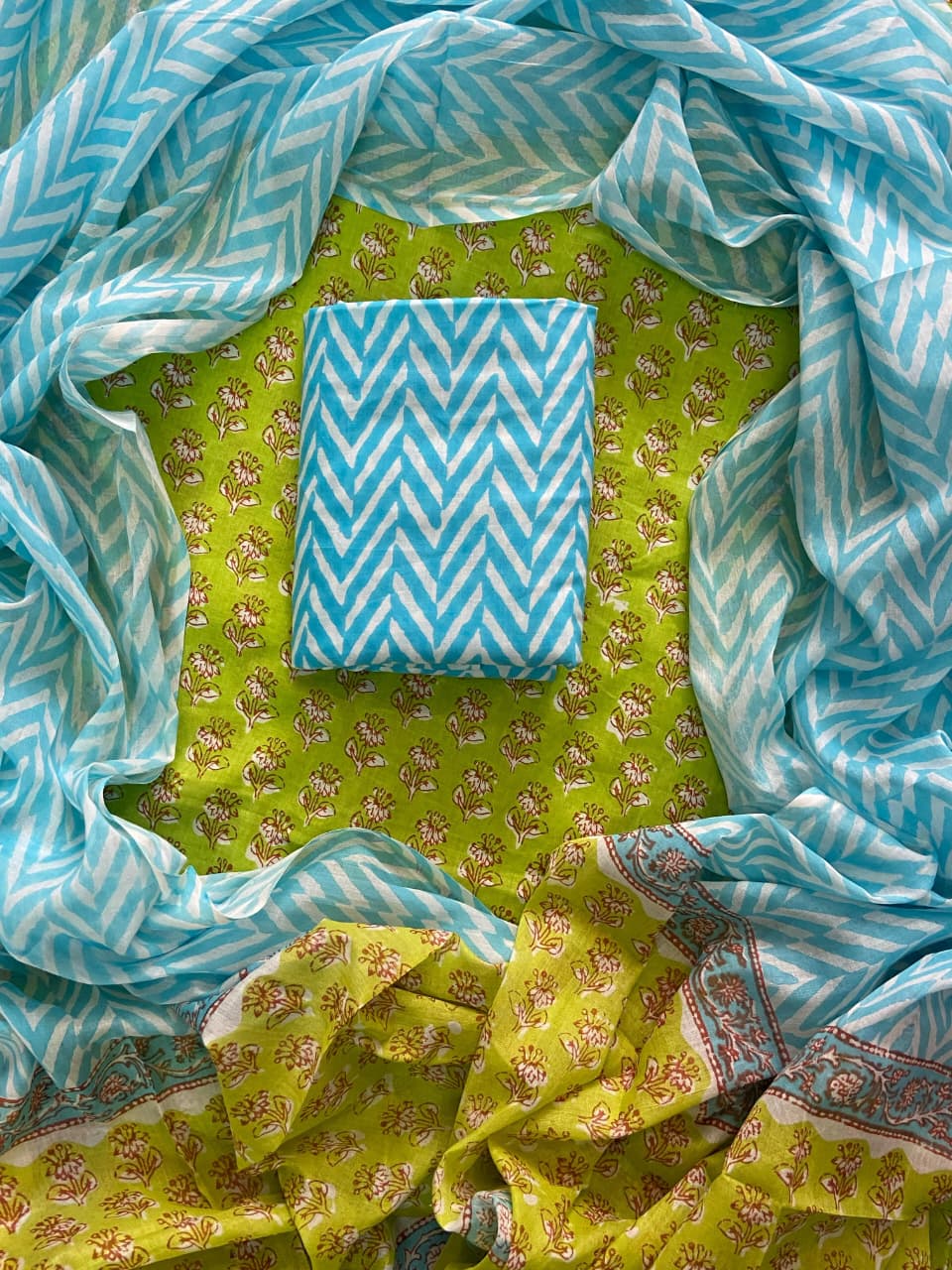 Printed Cotton Dress Material With Mulmul Cotton Dupatta-3pcs set