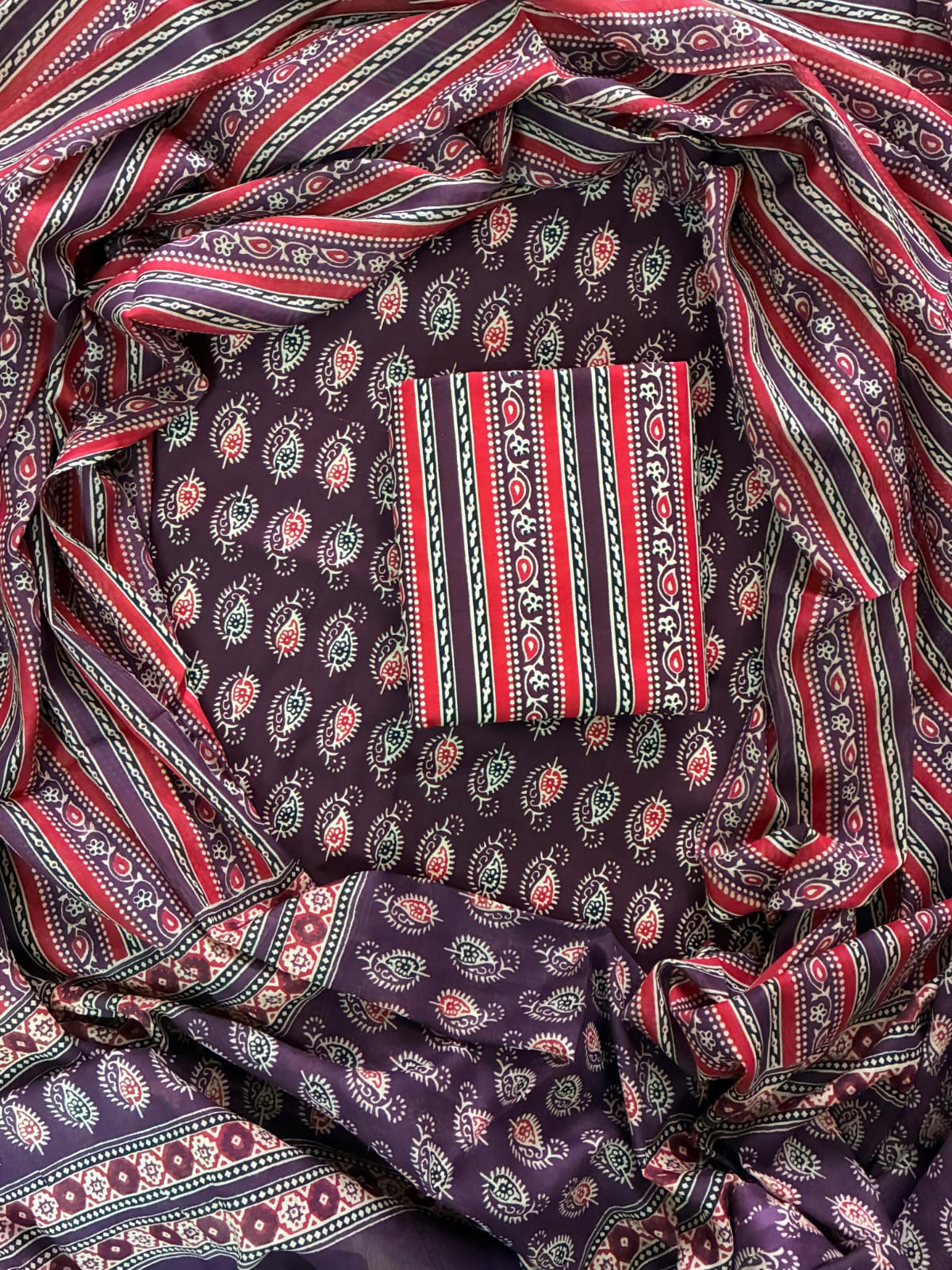 Printed Cotton Dress Material With Mulmul Cotton Dupatta-3pcs set