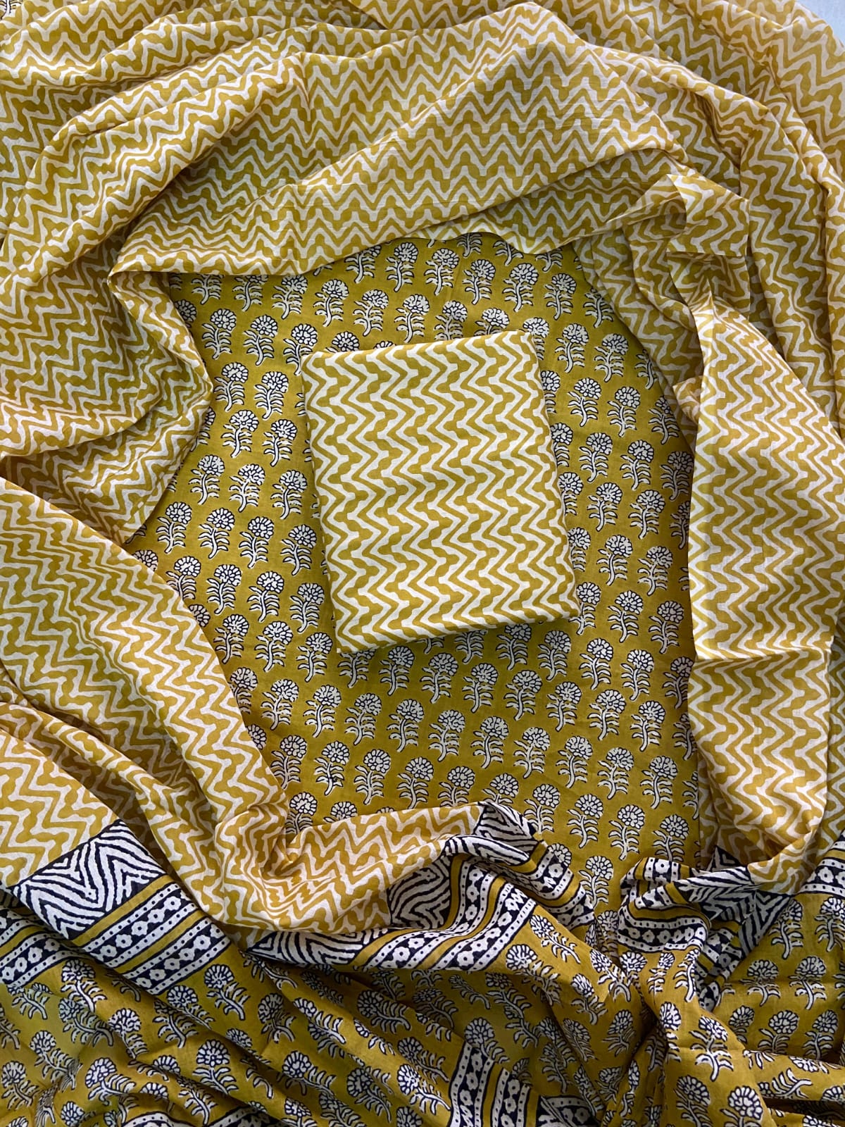 Printed Cotton Dress Material With Mulmul Cotton Dupatta-3pcs set