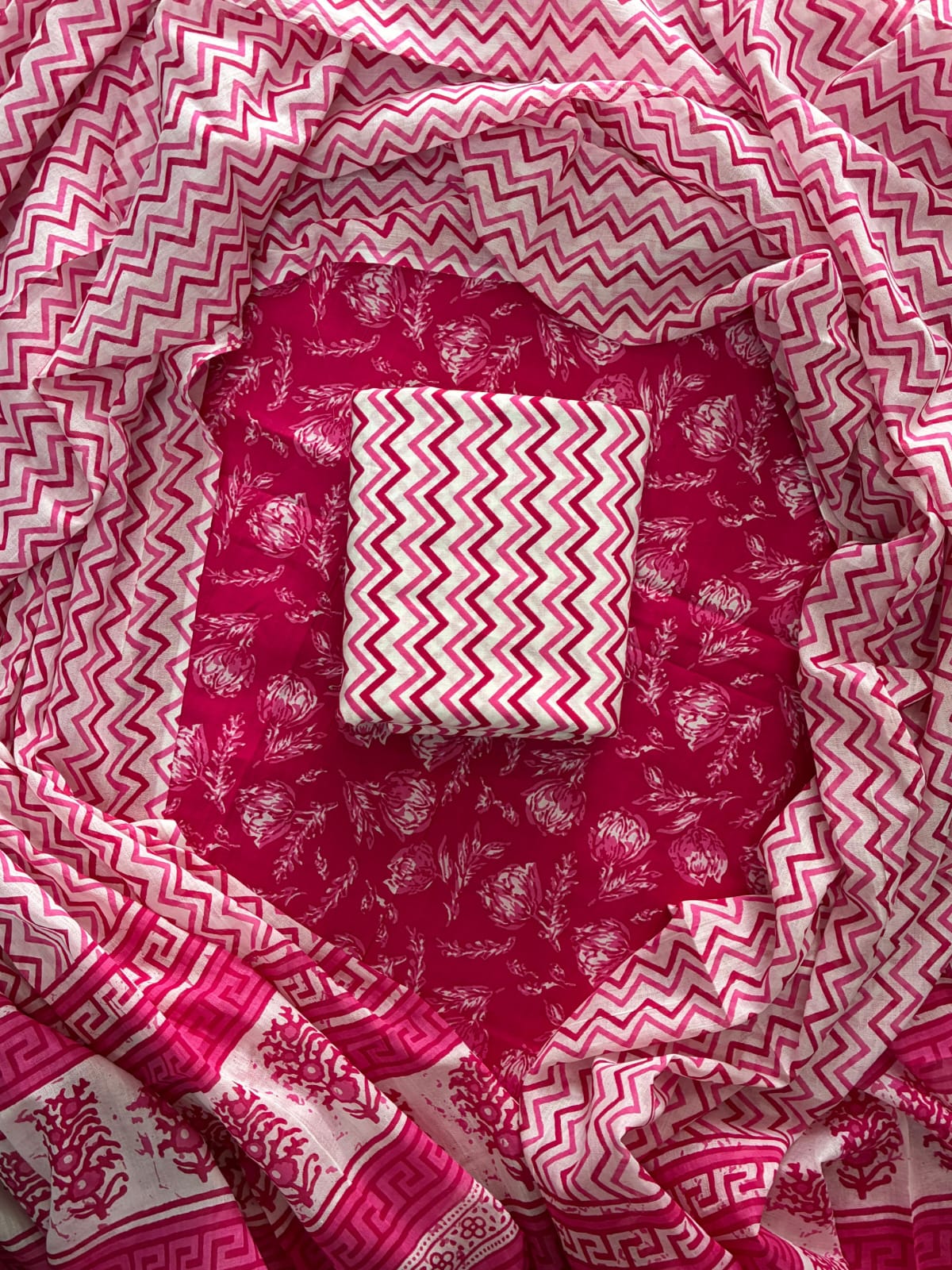 Printed Cotton Dress Material With Mulmul Cotton Dupatta-3pcs set