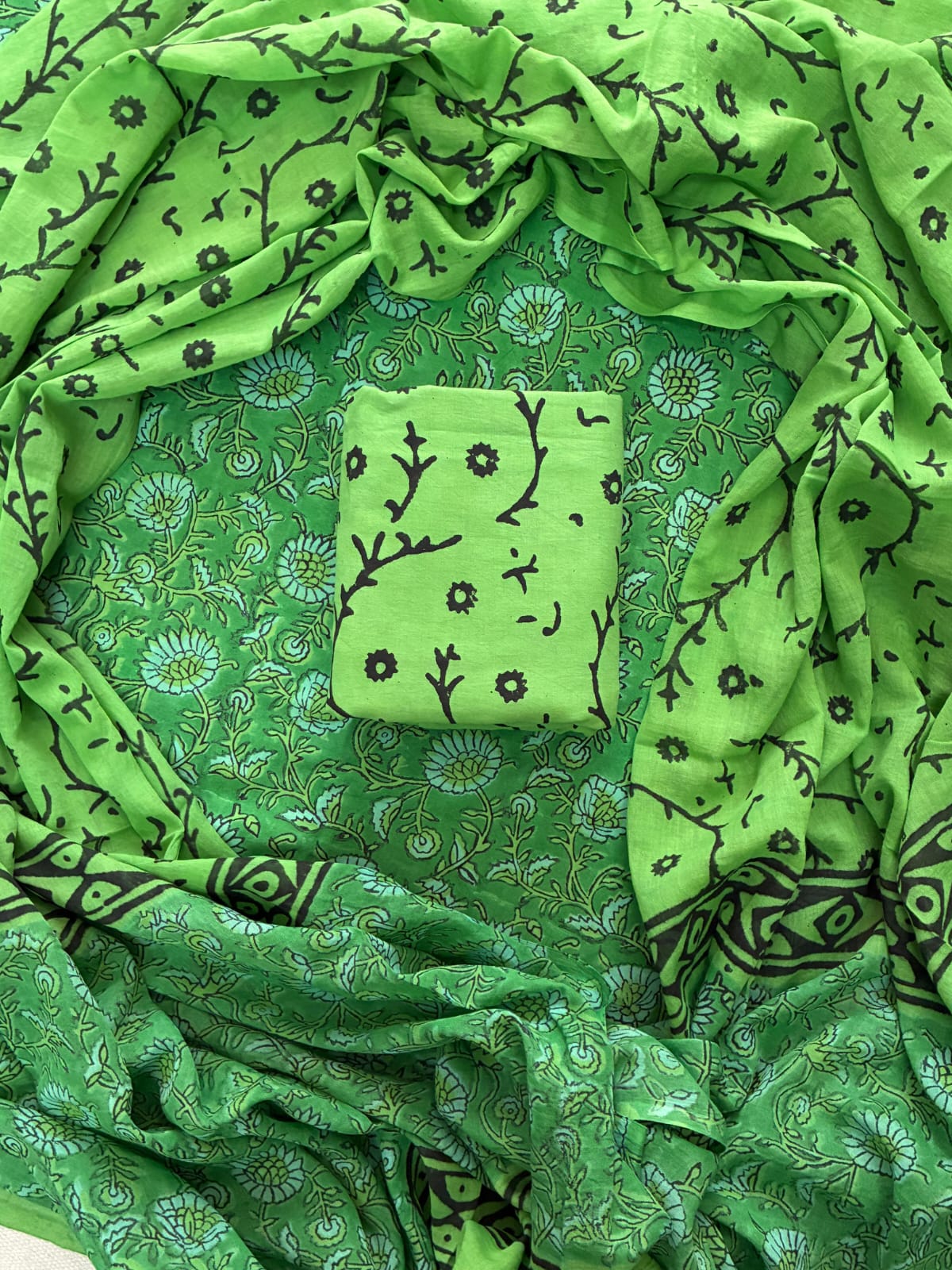 Printed Cotton Dress Material With Mulmul Cotton Dupatta-3pcs set