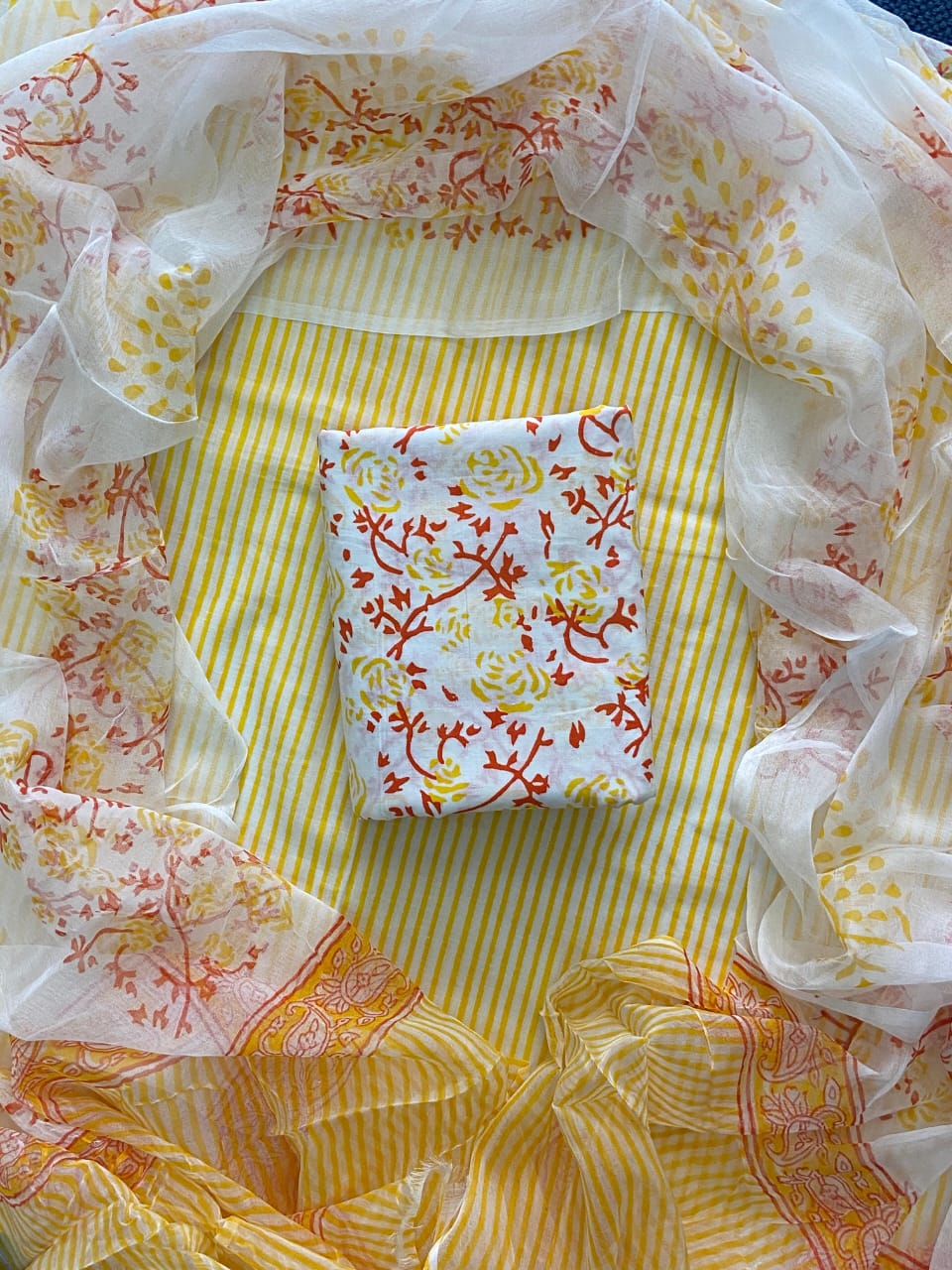 Printed Cotton Dress Material With Mulmul Cotton Dupatta-3pcs set